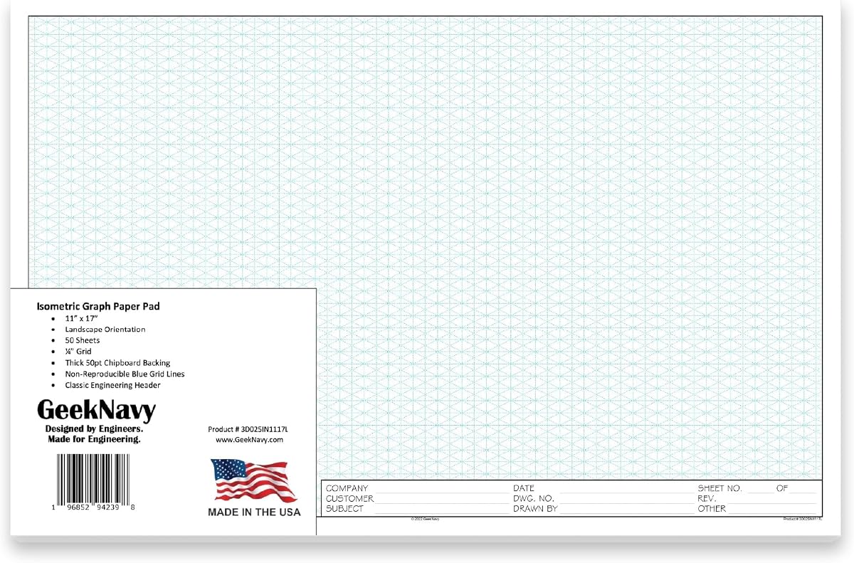 GeekNavy 11" x 17" Isometric Graph Paper 50 Sheets Landscape - 0.25" Grid, Non-photo Blue, High Brightness, Drafting, Engineering, Art, 3D Design (1-Pack)