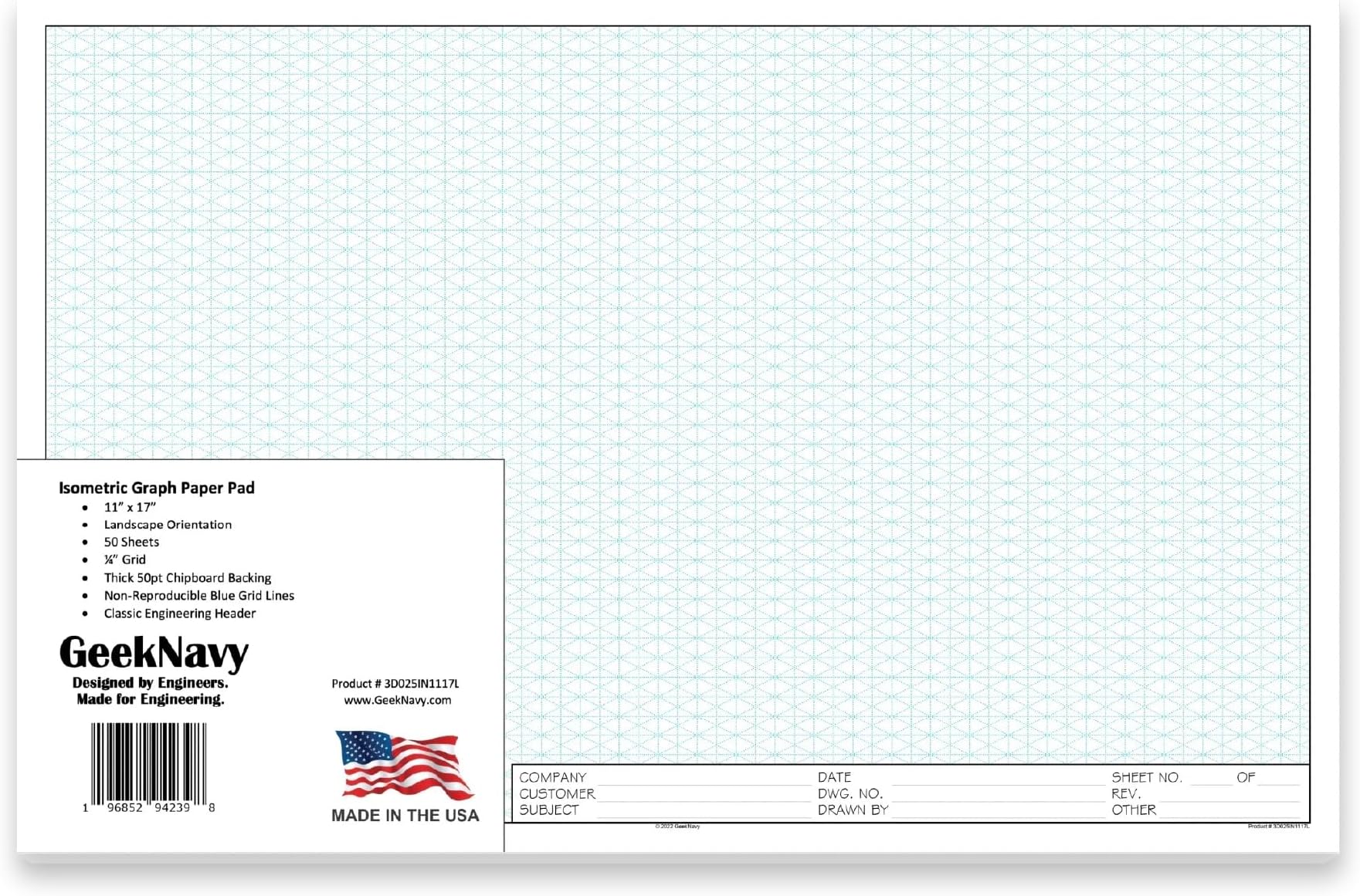 GeekNavy 11" x 17" Isometric Graph Paper 50 Sheets Landscape - 0.25" Grid, Non-photo Blue, High Brightness, Drafting, Engineering, Art, 3D Design (1-Pack)