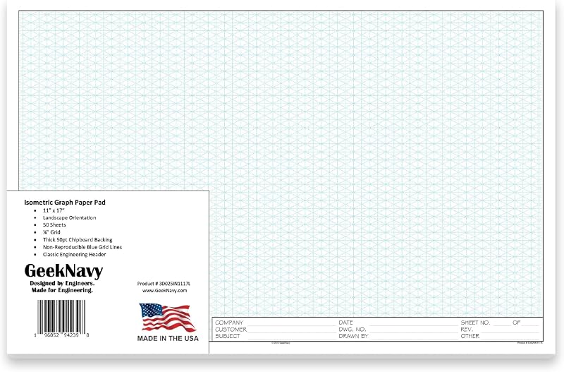 GeekNavy 11" x 17" Isometric Graph Paper 50 Sheets Landscape - 0.25" Grid, Non-photo Blue, High Brightness, Drafting, Engineering, Art, 3D Design (1-Pack)