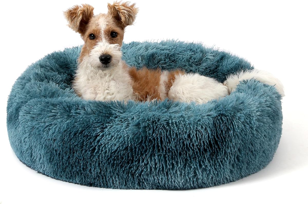 NOYAL Calming Donut Dog Bed for Small to Medium Dogs & Cats - Plush Faux Fur Anti-Anxiety Pet Bed with Machine Washable Cover & Non-Slip Base