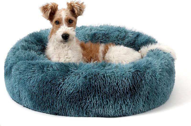 NOYAL Calming Donut Dog Bed for Small to Medium Dogs & Cats - Plush Faux Fur Anti-Anxiety Pet Bed with Machine Washable Cover & Non-Slip Base