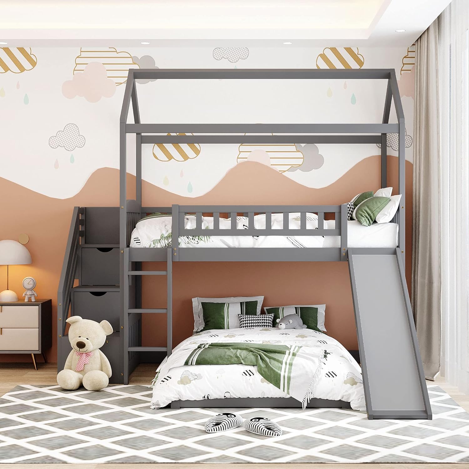 Buy Kids Bunk Bed with Slide, Cabin Twin Bunk Bed with Stairs, House