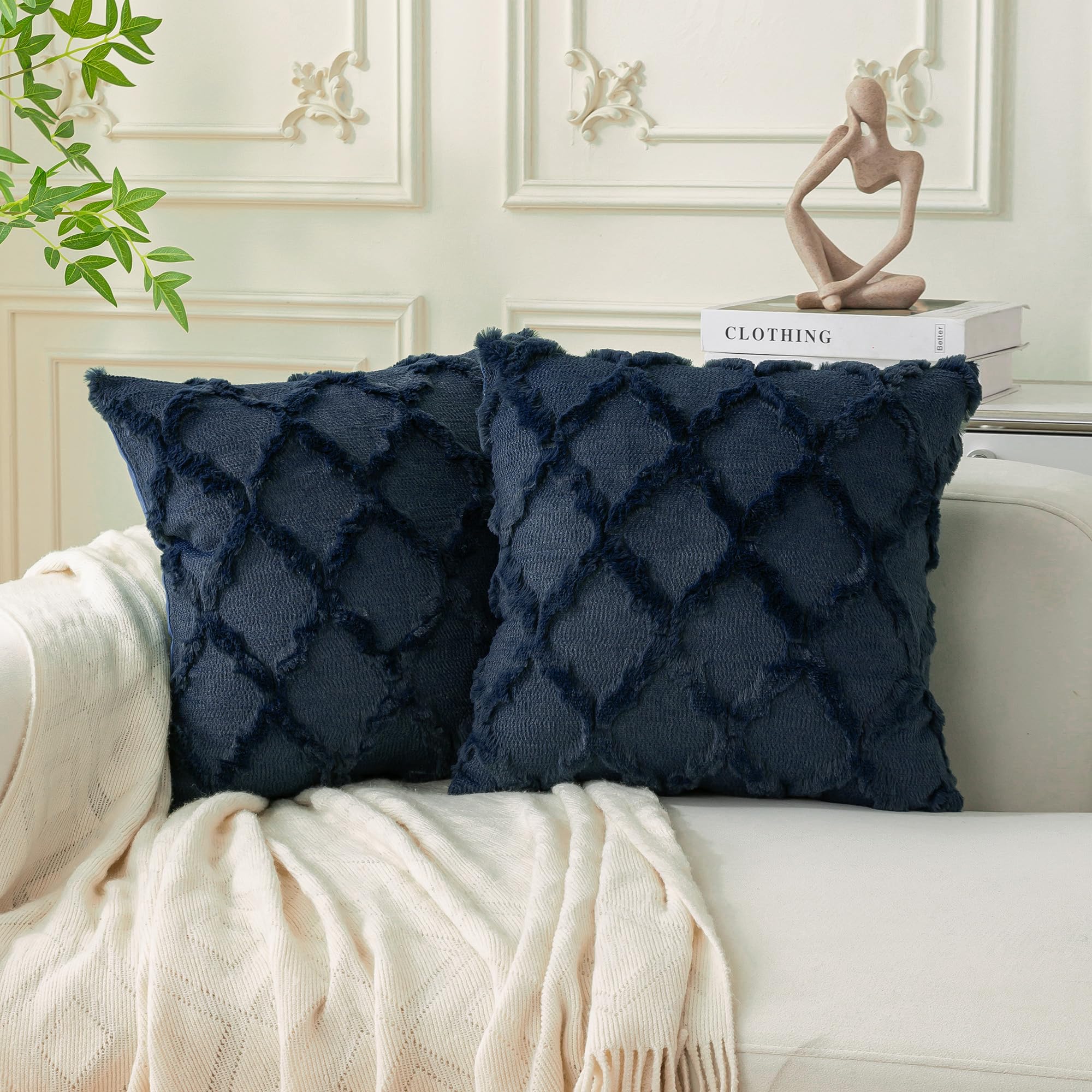 Cozoomy Set of 2 Soft Moroccan Throw Pillow Covers 18x18 Inch Plush Boho Decorative Pillow Cover Accent Cushion Case for Couch Sofa Bed, Navy Blue