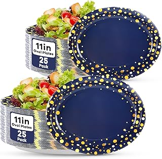50Pcs Blue and Gold Party Supplies Large Gold Dot on Blue Paper Plates Oval Dinner Plates Disposable Party Tableware for Birthday Decorations Graduation Baby Showers Wedding Holiday Retirement