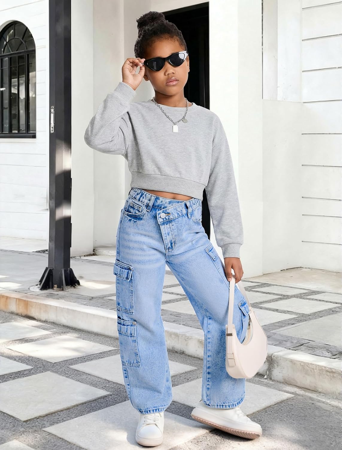 Girls Jeans Wide Leg Cargo Denim Pants with Flap Pockets Asymmetrical Waist Baggy Casual Y2K Outfit 7-14 Years - Image 2