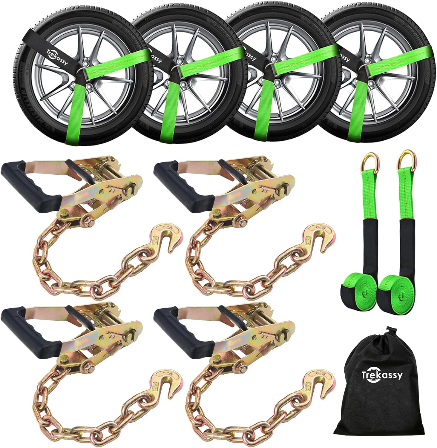 Trekassy Car Tie Down Straps for Trailers with Heavy Duty Chain Anchors, 6 Pack 2" x 96" Lasso Style Tire Straps (2 for Replacement), 10,000lbs Break Strength, Hauling Cars, UTV, Truck