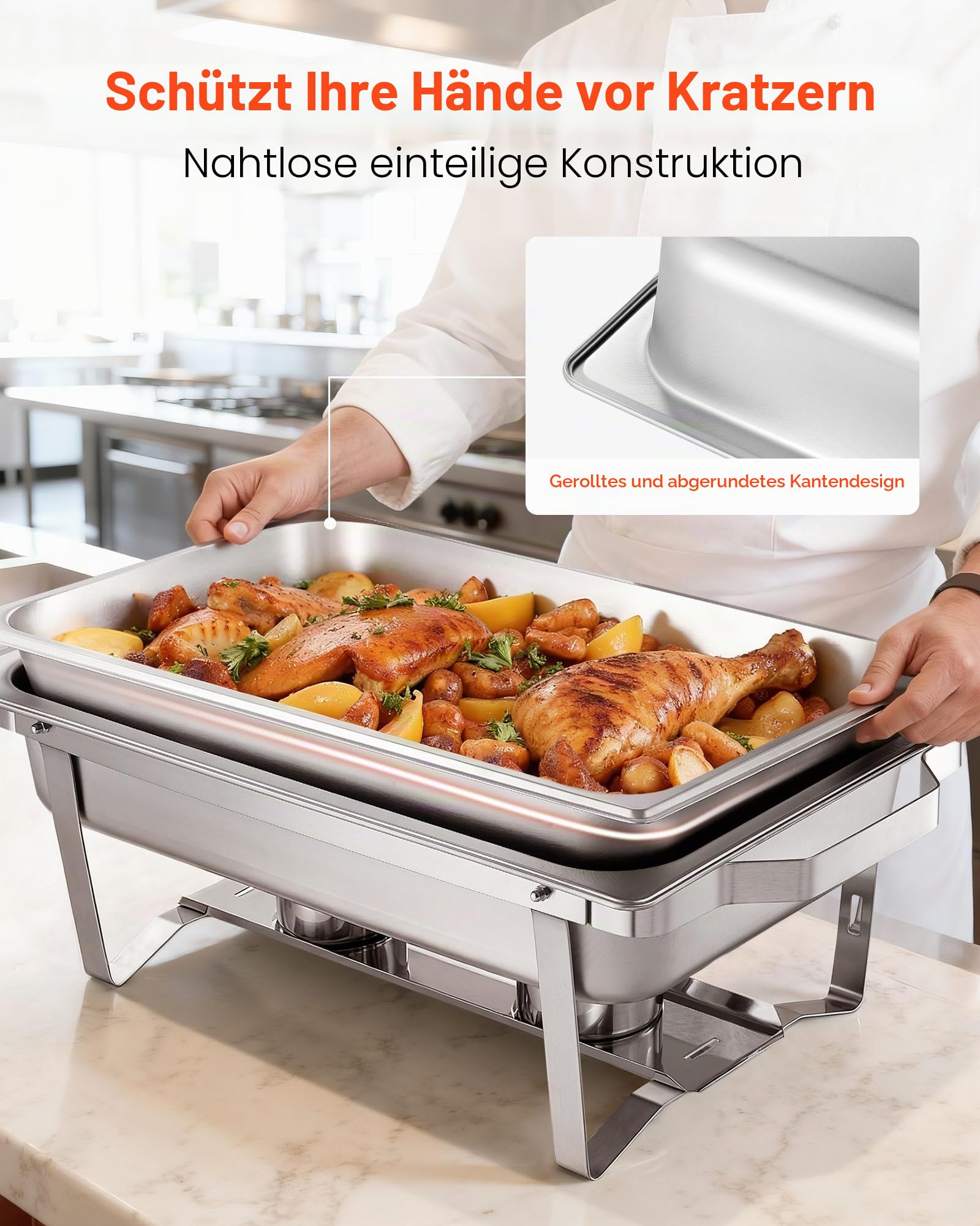VEVOR rechteckiger Chafing Dish Set 8,5 L Speisenwärmer Buffet Warmhaltebehälter mit Griff & Lebensmittelzange & Deckel & Brennstoffhalter, geeignet für Bankett Party Hochzeit Silber (4)