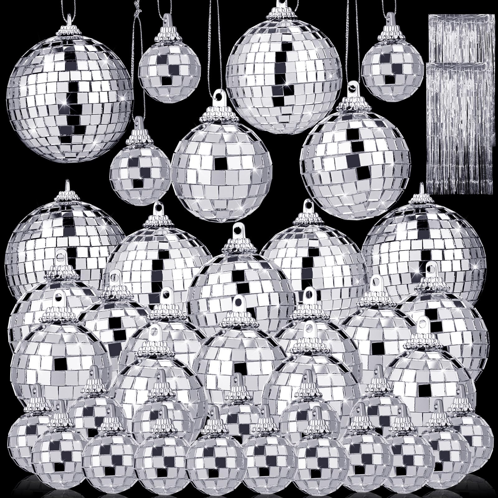 32Pcs Disco Ball Decor with 2pack Metallic Tinsel Foil Fringe Curtains 3.2 x 6.5ft,Hanging Disco Ball Ornaments for Party Decor Wedding Christmas Tree Decoration(1.18in,1.57in,1.96in,2.36in,3.14in)