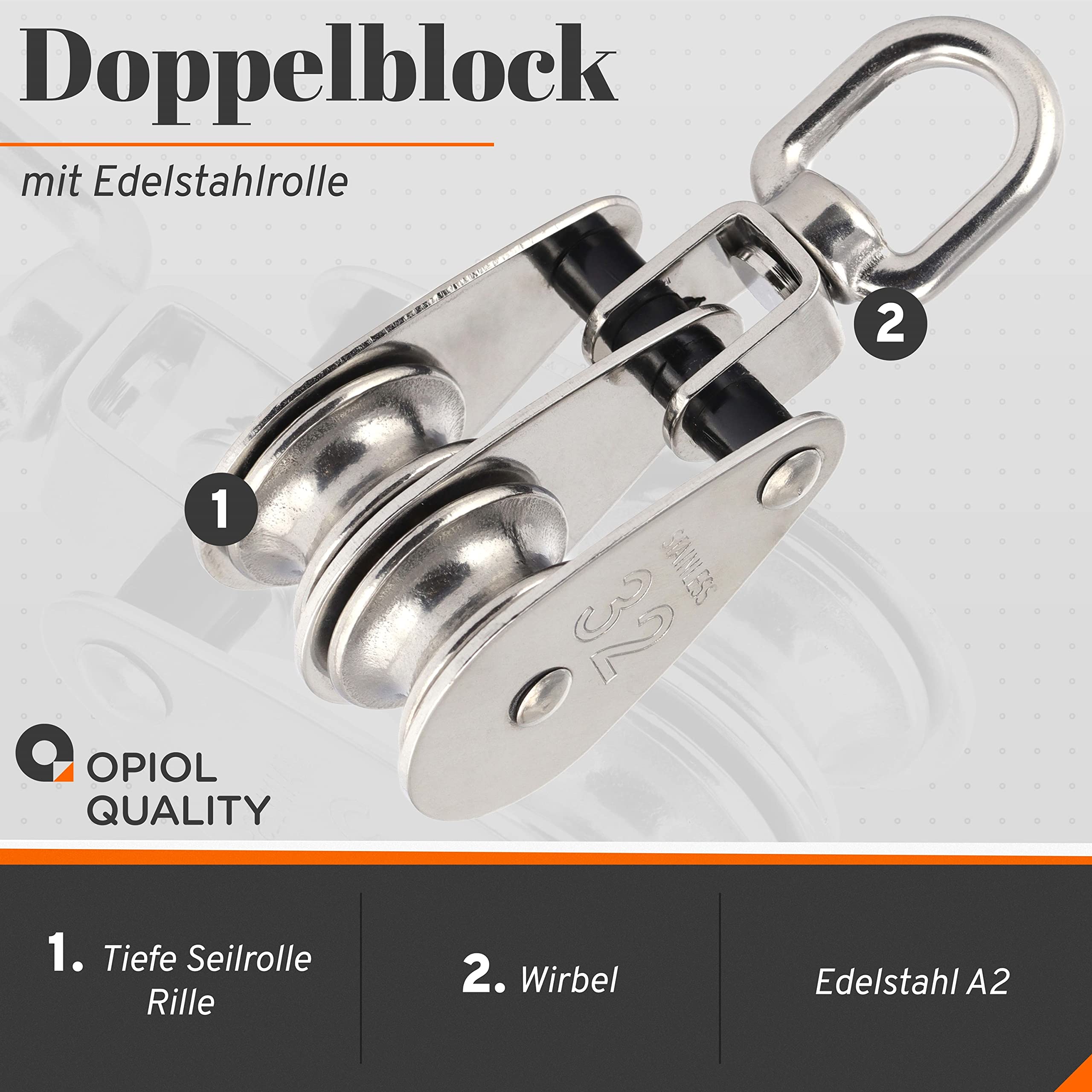 Doppelblock mit Edelstahlrolle 35 mm aus Edelstahl A2 V2A (4 Stück) Block Umlenkrolle Blockseilrolle Seilrolle Doppelt Riemenscheibe Doppel-Flaschenzug Doppelwirbel Flaschenzug