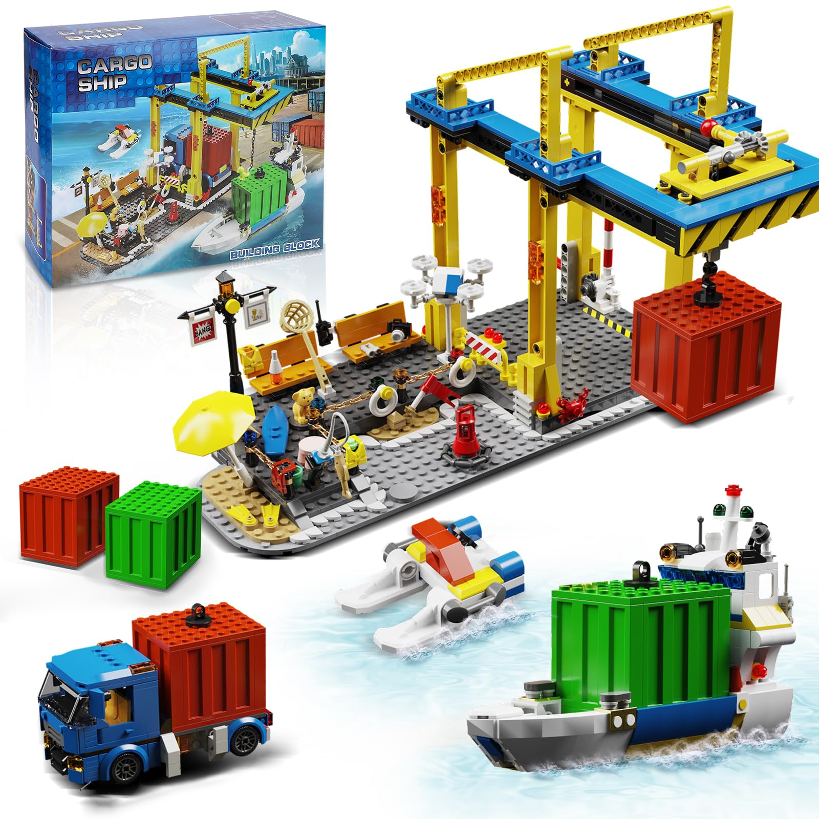 QLT QIAOLETONG City Seaside Harbour Building Block Set, with Cargo Ship, Container Cranes, Truck and Boat Building Model Kit