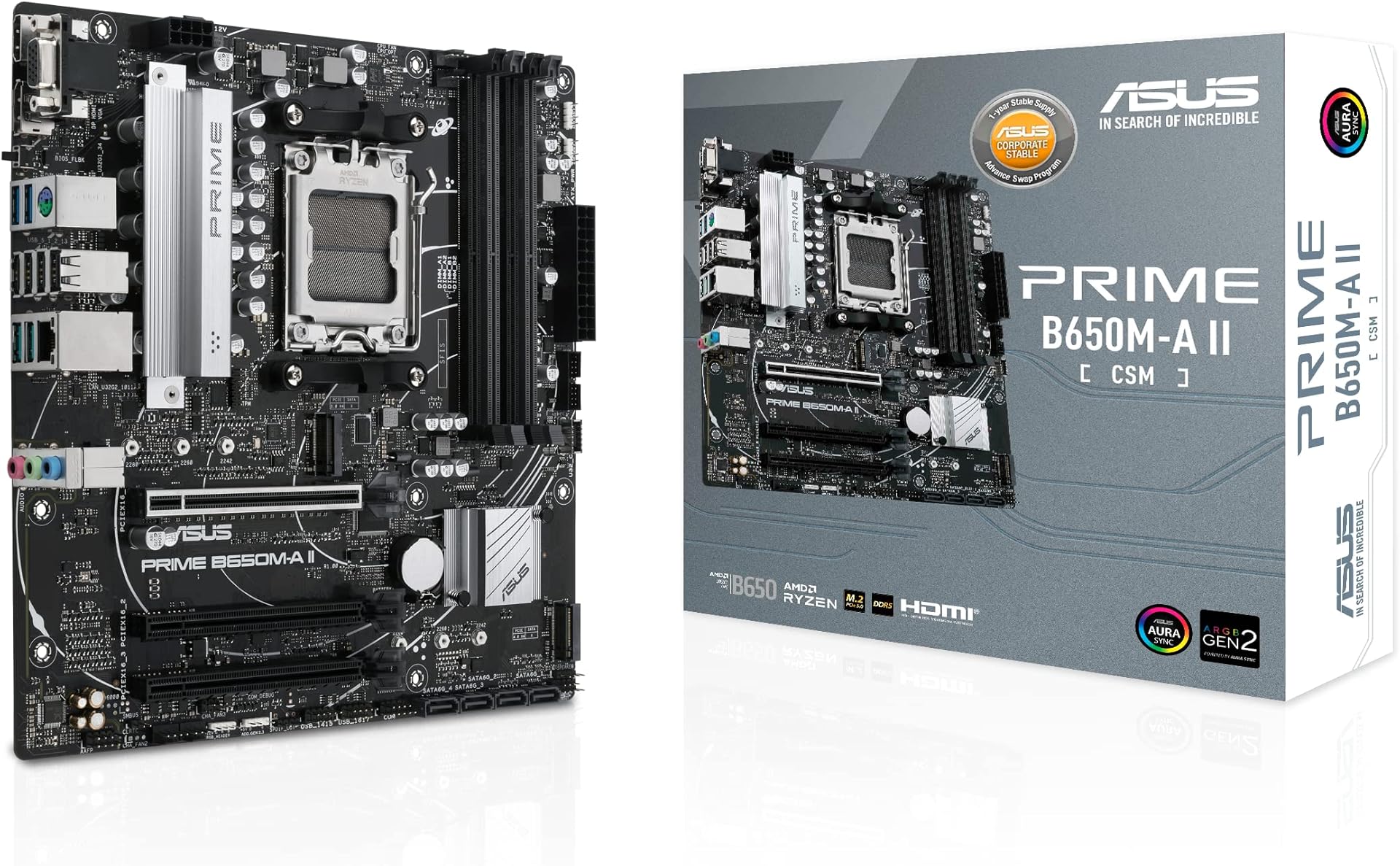 ASUS PRIME B650M-A II-CSM Micro-ATX commercial motherboard,DDR5 6400+(OC),PCIe 5.0 M.2 support,Realtek 2.5Gb LAN,DisplayPort,VGA,HDMI®, USB 3.2 Gen 2 ports,front USB 3.2 Gen 1 Type-C®, BIOS FlashBack™