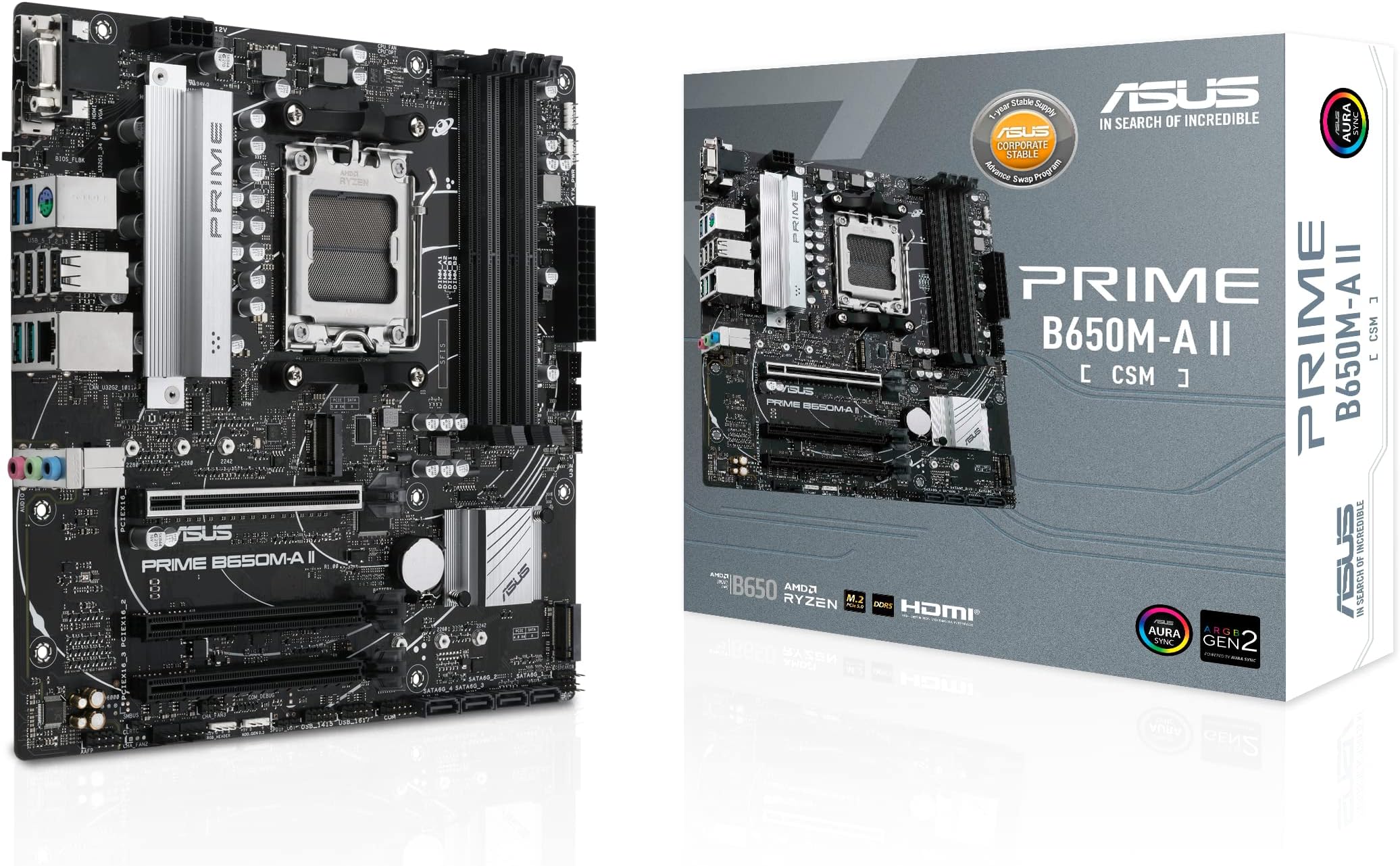 ASUS PRIME B650M-A II-CSM Micro-ATX commercial motherboard,DDR5 6400+(OC),PCIe 5.0 M.2 support,Realtek 2.5Gb LAN,DisplayPort,VGA,HDMI®, USB 3.2 Gen 2 ports,front USB 3.2 Gen 1 Type-C®, BIOS FlashBack™
