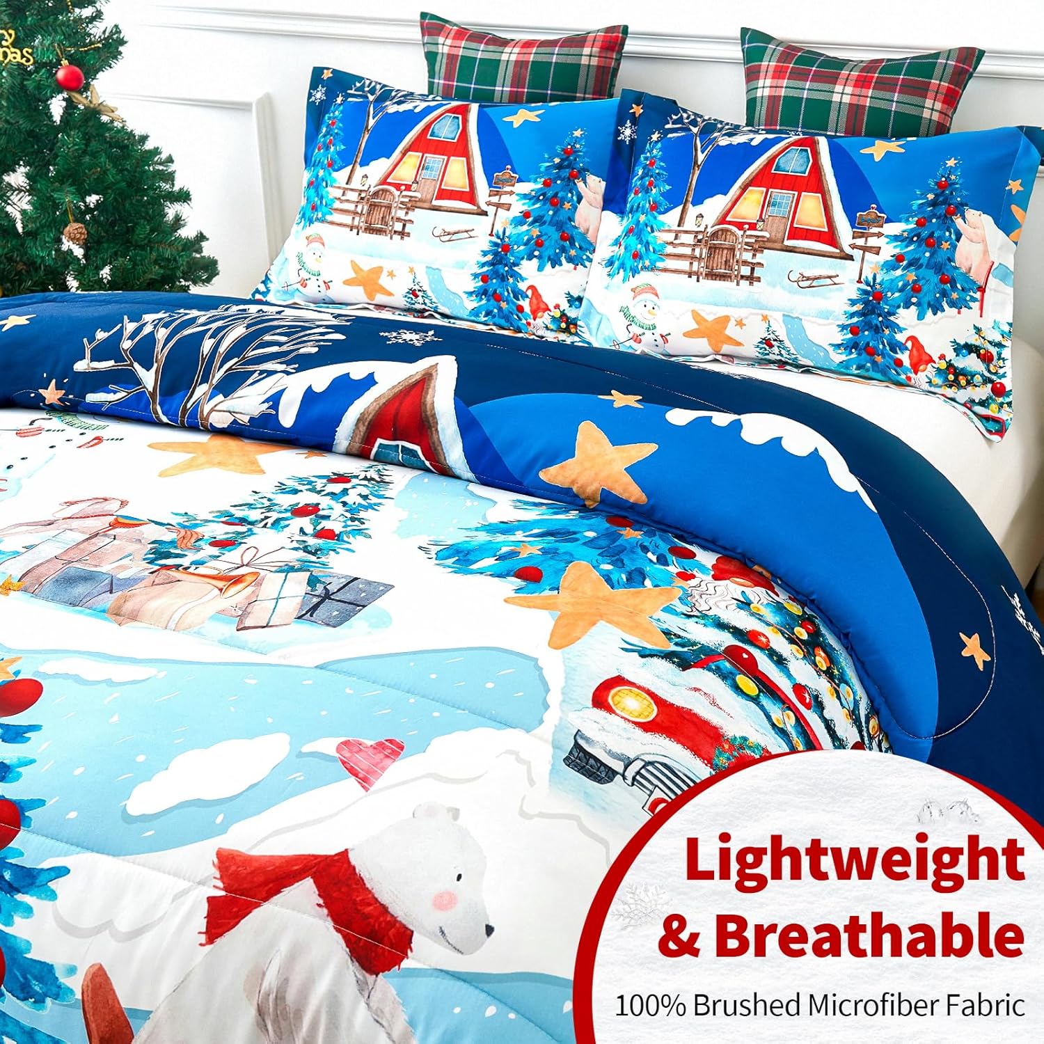 YIYEA Christmas Queen Comforter Set for Girls Boys, Cute Kids Comforter with 2 Pillowcase, Ultra Soft Brushed Microfiber Christmas Bedding Comforter Sets, Suit for All Season, Machine Washable