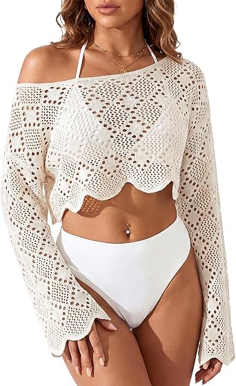Womens Crochet Swimsuit Cover up Summer Off Shoulder Long Sleeve Hollow Beach Tunic, Bikini Swimwear Cropped Tops
