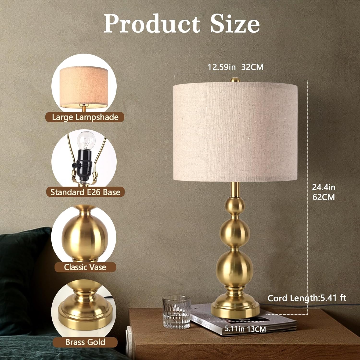 Ziqqeelam Gold Table Lamp Set of 2, 24.4" Table Lamps for Living Room, Gold Tall Skinny Table Lamps, Modern Buffet Lamp for Bedroom Bedside, Nightstand, Desk, End Table, Entry Way