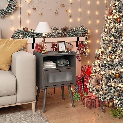 Miniatura 63 de Mesita de noche moderna de mediados de siglo con estación de carga, mesitas de noche con puerta de cristal, mesa auxiliar con espacio de Gris