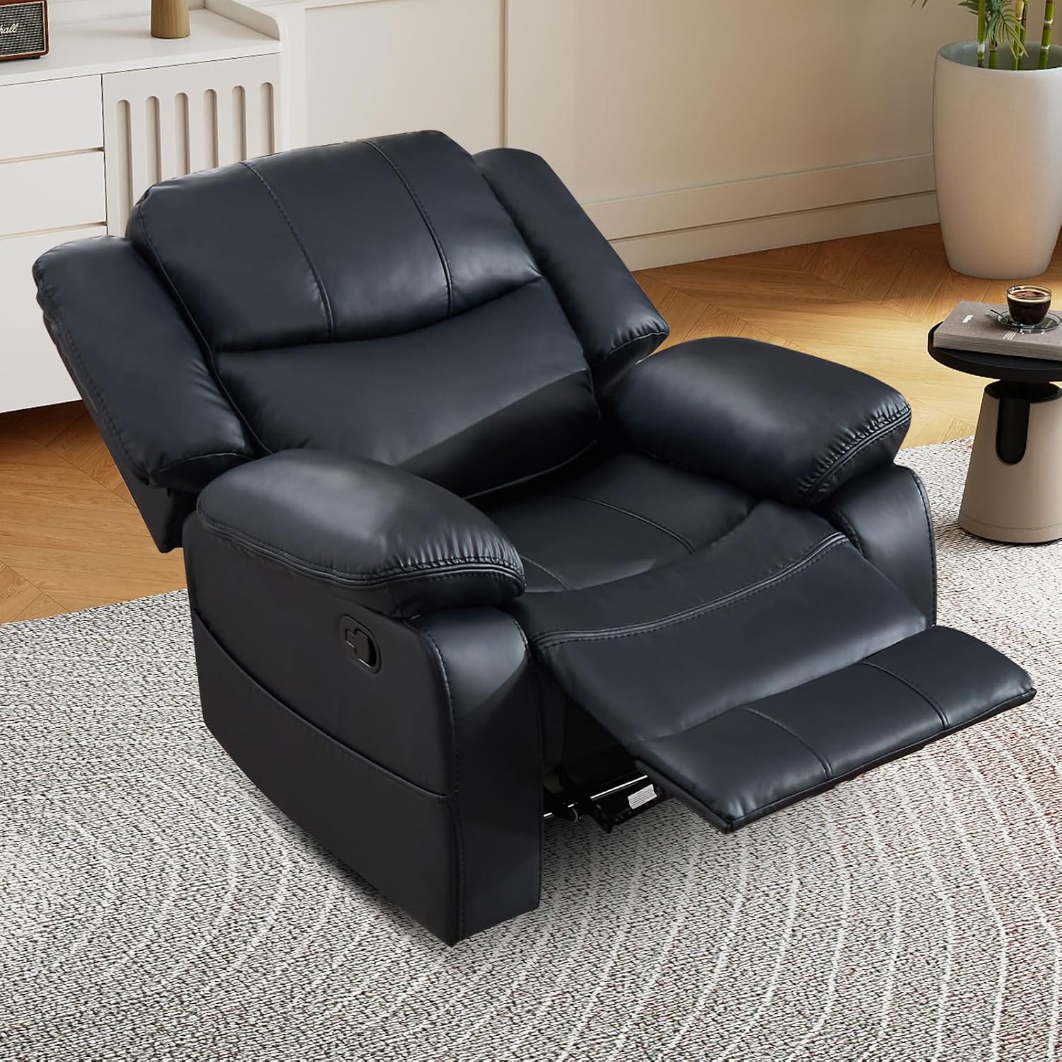 EBELLO Faux Leather Manual Single Recliner Chair, Mid-Century Modern Adjustable Lounge Chair, with Fully Padded Headrest & Comfortable Armrests, for Living Room, Black