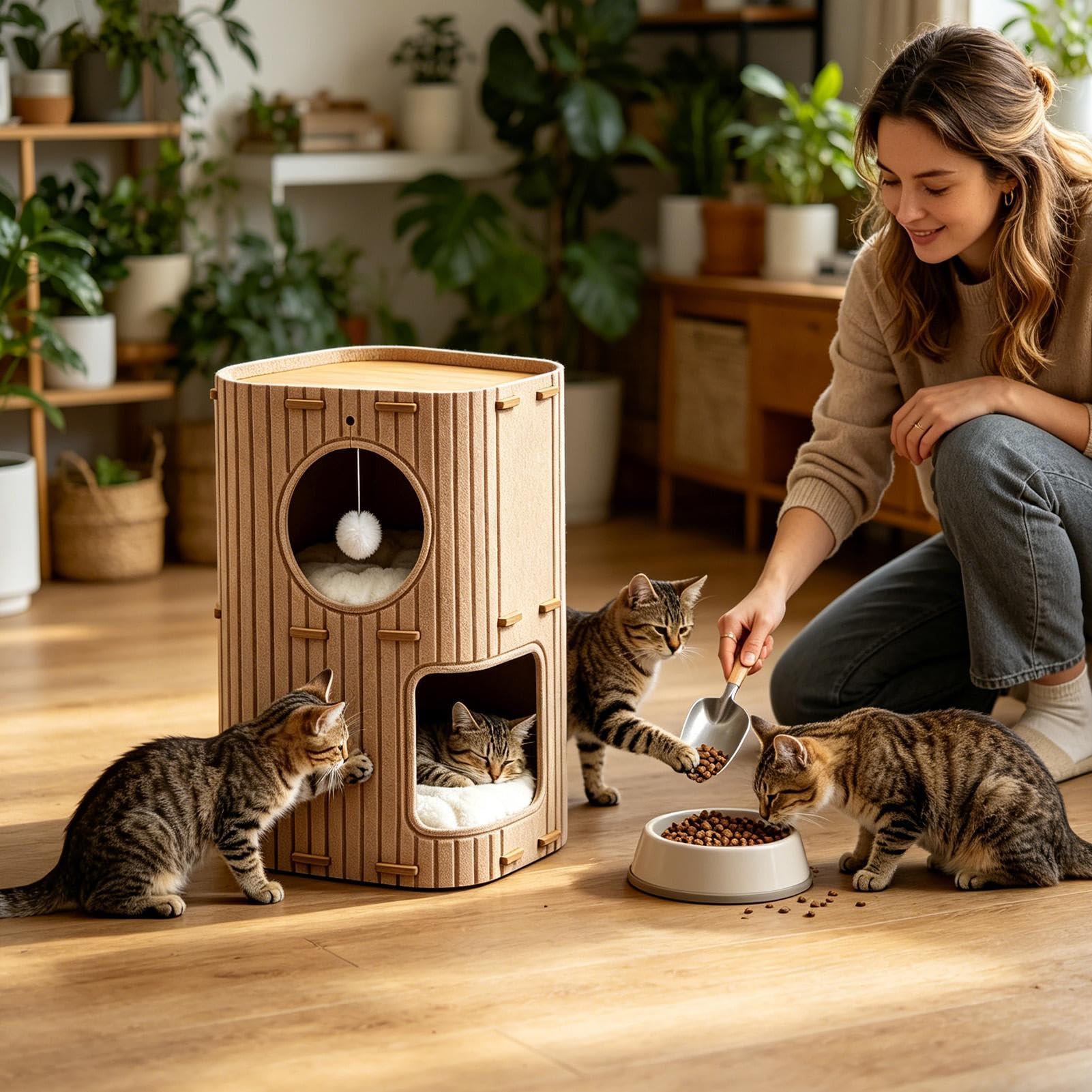 Condo de dos pisos: refugio suave, cubito acolchado para dormir, juguete interactivo para colgar, de salón, perfecto para animales pequeños, lactantes, siestas, santuario, cabina de espacio de