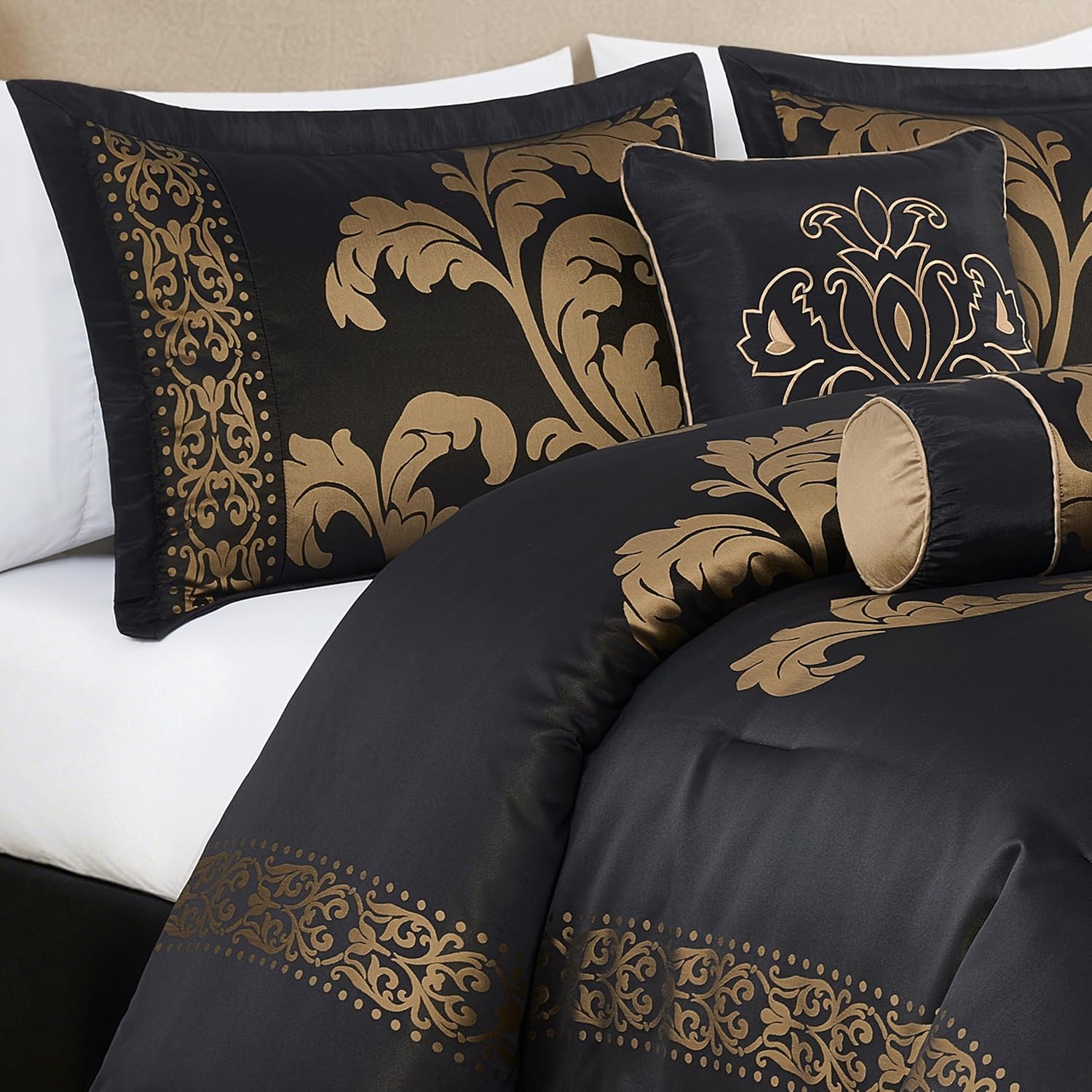 Chezmoi Collection 7-Piece Royale Jacquard Floral Comforter Set, Full/Double, Black/Gold image 4