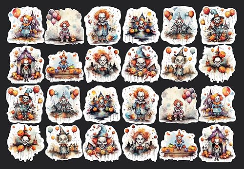 Calcomanías de payaso. Juego de 24 calcomanías de Halloween, impermeables, calcomanías de diario, calcomanías troqueladas. Calcomanías aterradoras,