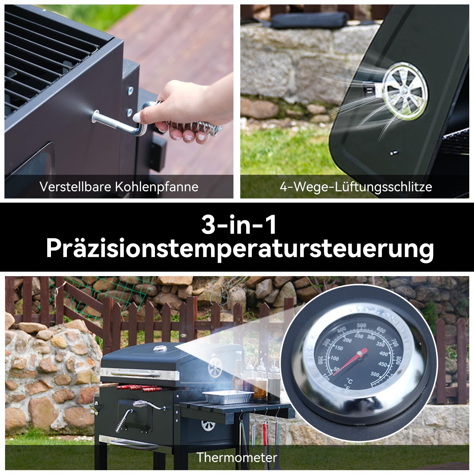 Holzkohlegrill, Grill mit Deckel, Grillfläche: 56×42.5 cm, Höhenverstellbare Kohlenwanne, Faltbarer Seitentisch, Mit Grillabdeckungen Wasserfest