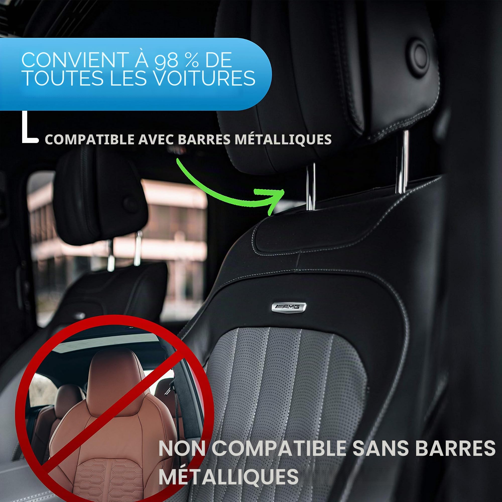 FLIPLINE Repose Tete Voiture Coutures Noir - Cale Tete Enfant Voiture - Sensation de voyage confortable pour Enfants et Adultes - Installation facile sans tournevis - Réglable Appuie Tete Voiture