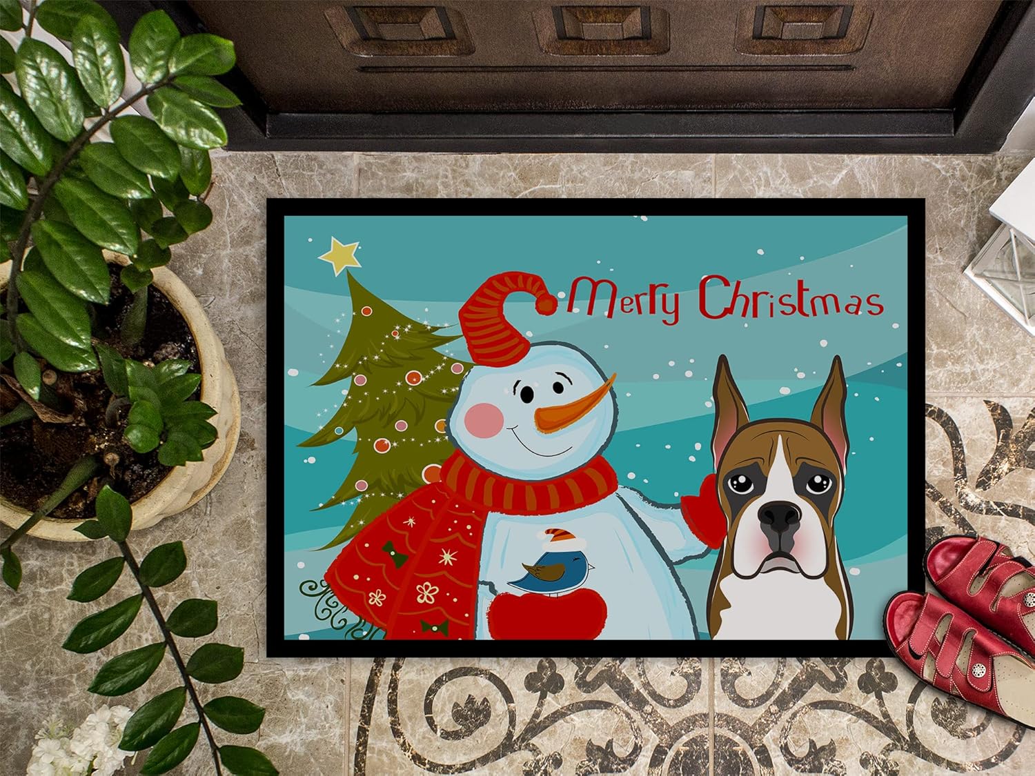 Caroline's Treasures BB1843JMAT Snowman with Boxer Doormat 24x36 Front Door Mat Indoor Outdoor Rugs for Entryway, Non Slip Washable Low Pile, 24H X 36W