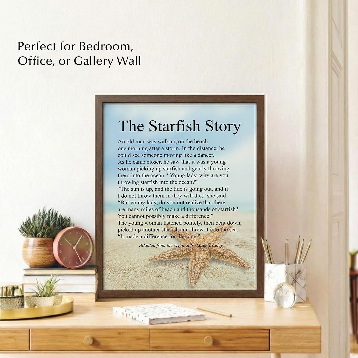 The Starfish Story - Inspirational Beach Wall Art Print - Nautical Poem for Home, Office & Beach House Decor - Wall Art Poster Print for Positive Energy (Brown Framed, 11 x 14 inches)