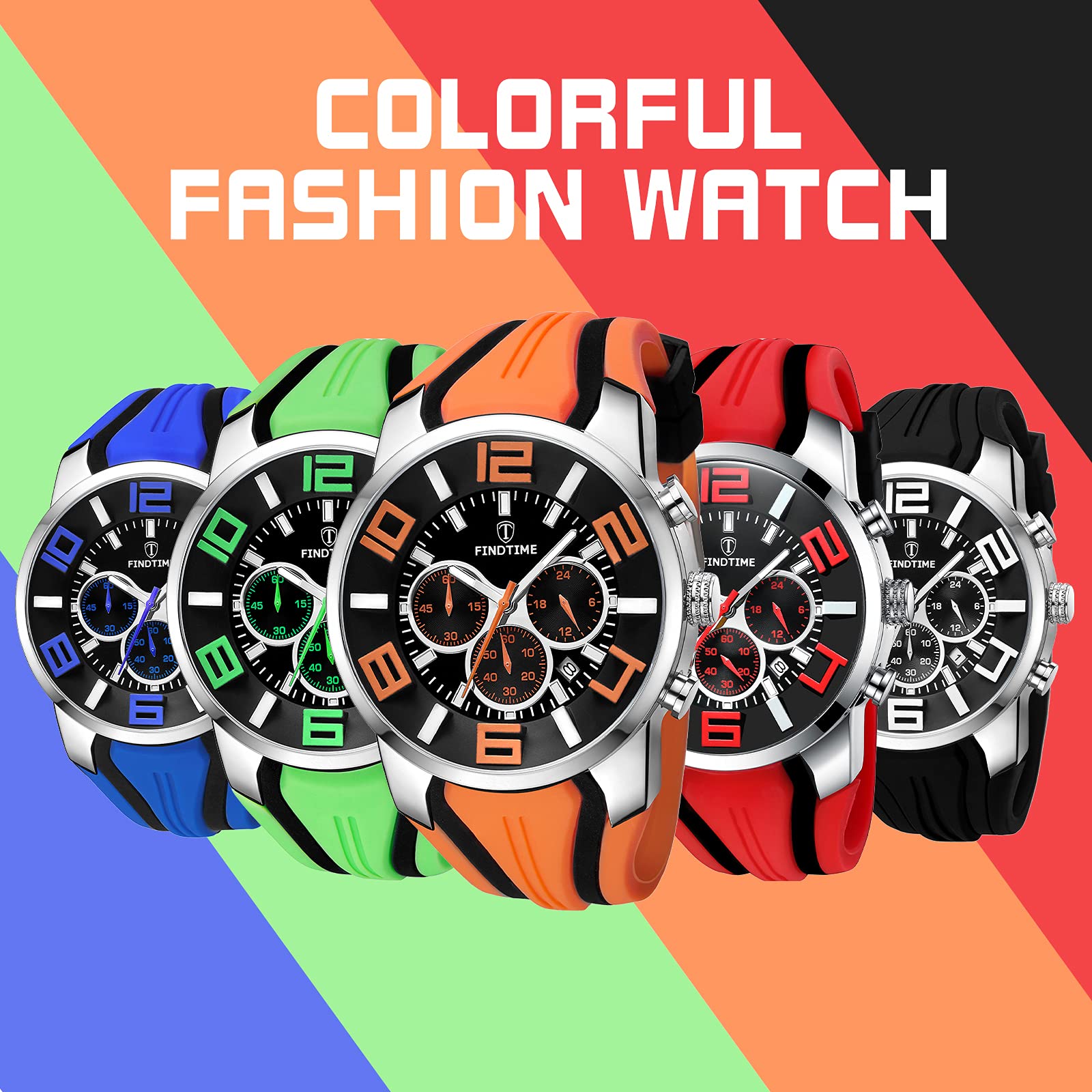 findtime Montre de sport pour homme - Chronographe militaire - Analogique - Quartz - Silicone - Grand chiffres - Date - Minuteur - Rouge