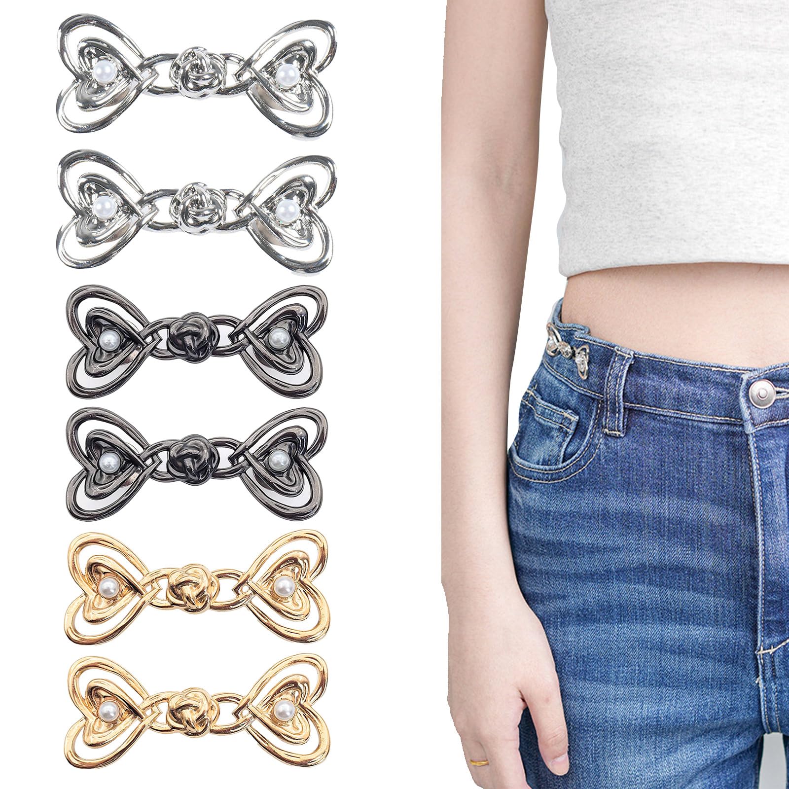 6 PCS Pants Waist Tightener Jean Buttons,Waist Cincher Clip,No Tools Detachable Decorative,Adjustable Heart Pant Waist Tightener for Loose Jeans,for Skirts,Sleeves,Sweaters Clothing Accessories.