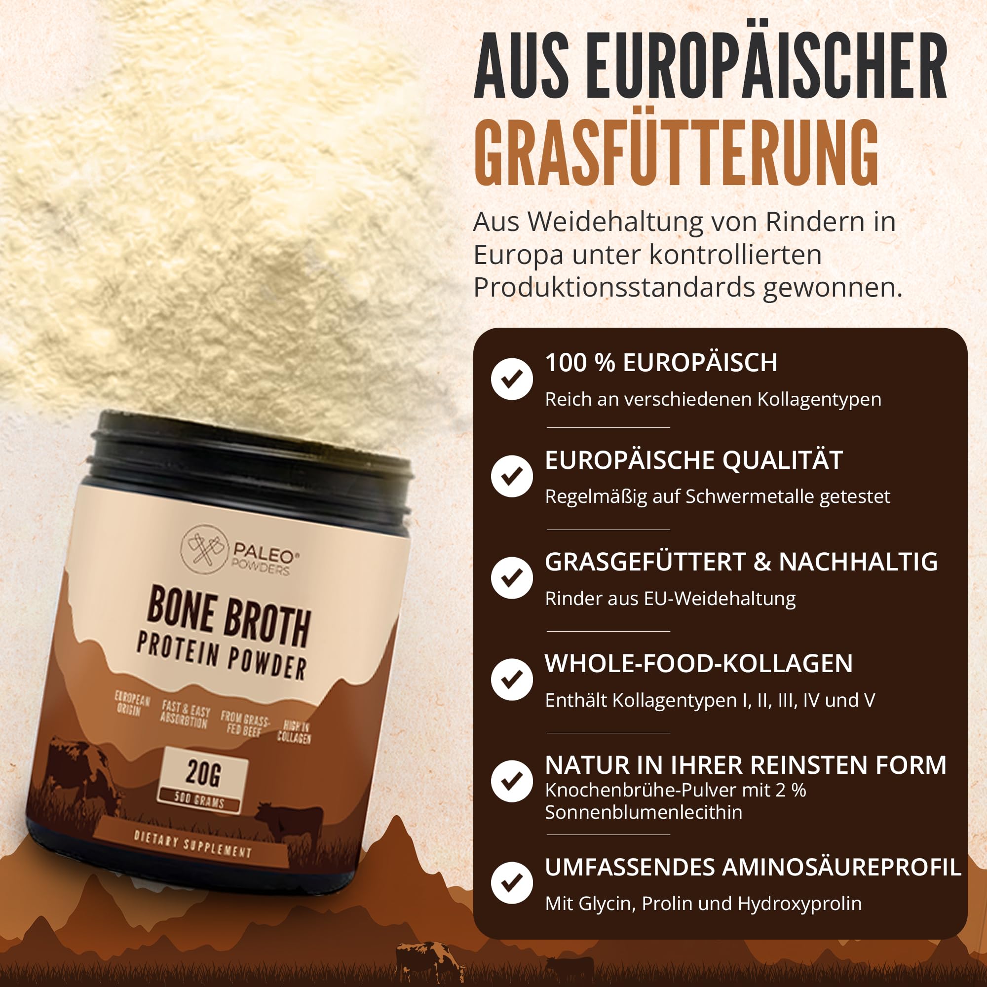 Caldo de huesos en polvo - 100% ganado europeo de pastoreo - Proteína de colágeno múltiple - 0 g de azúcar - 500 g