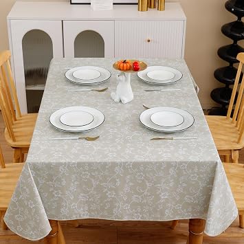 Heavy Duty Vinyl Tablecloth with Flannel Backing Waterproof Oil-Proof Plastic Table Cloth Stain-Resistant Wipeable Rectangle or Square Table Cover for Indoor and Outdoor (Beige Floral,52x70 Inch)