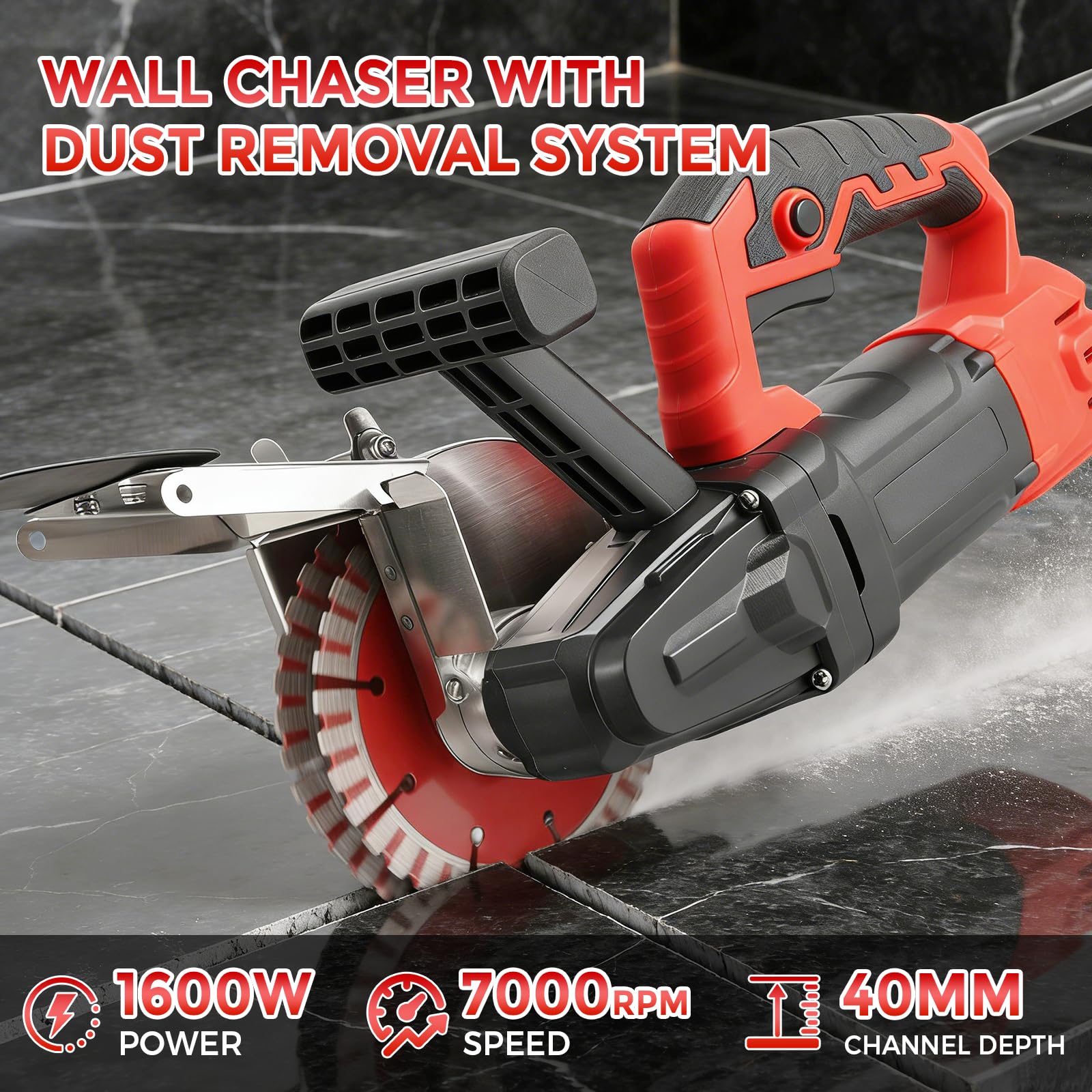 Rozadora de pared con sistema de eliminación de polvo, 1600 W, 7000 RPM, ancho de corte máximo de 35 mm, profundidad de canal de 40 mm, con 2 discos de corte de 133 mm