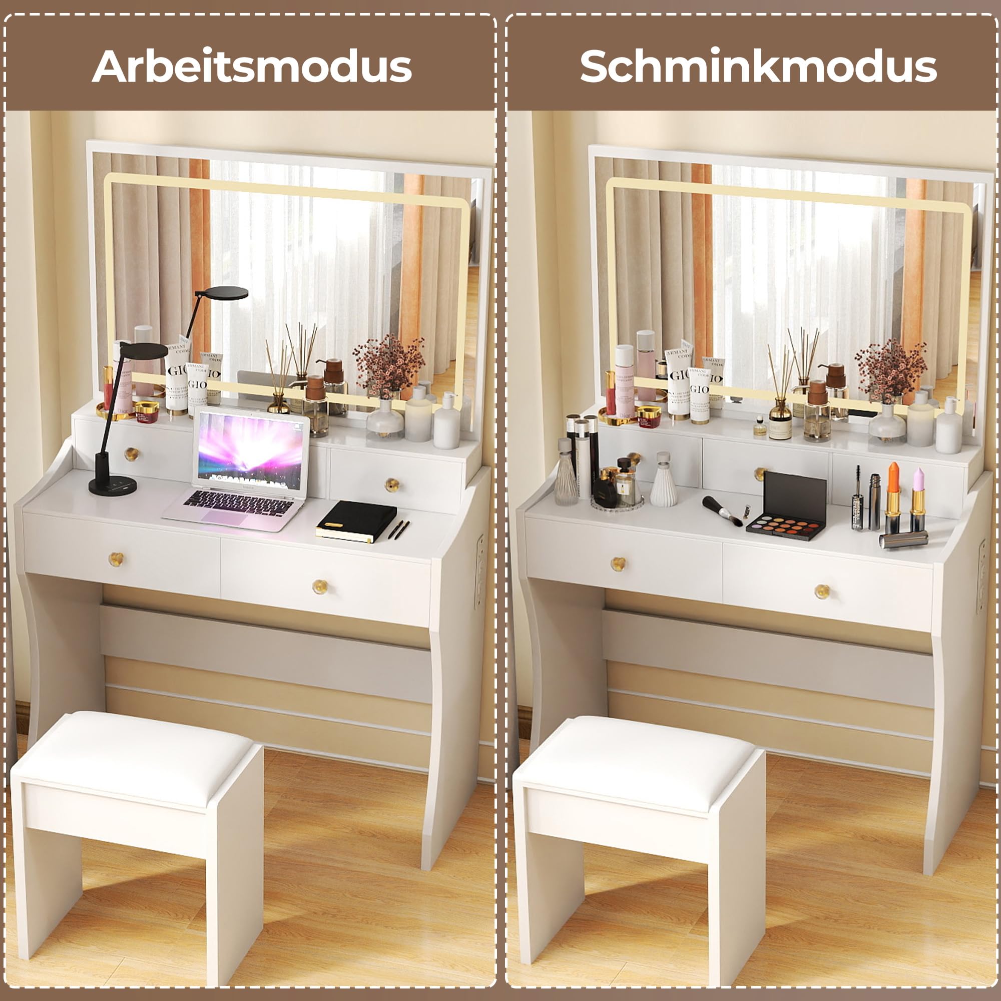 COMHOMA schminktisch, schminktische mit Beleuchtung und 5 Schubladen, schminktisch mit verstellbaren LED-Beleuchtung und Steckdosen, Frisiertisch und Hocker, modern, 40 x 80 x 135 cm, weiß