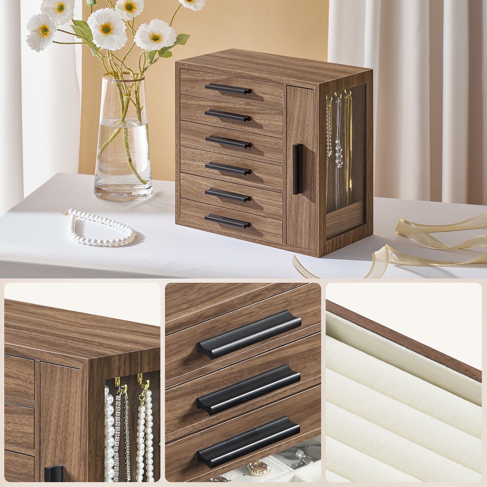 HOOBRO Caja Joyero de Madera 6 Niveles con Ventana Lateral Nogal y Negro
