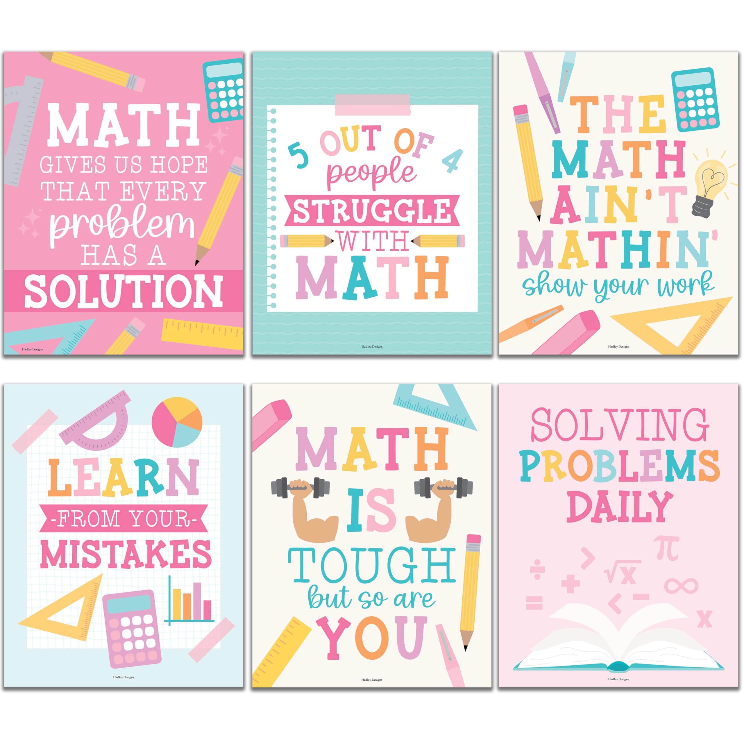 Hadley Designs 6 Math Posters - Fun & Motivational Math Posters for Elementary, Middle & High School, Teacher Must Haves for Classroom Decor & Bulletin Board Sets, Pastel Classroom Decor