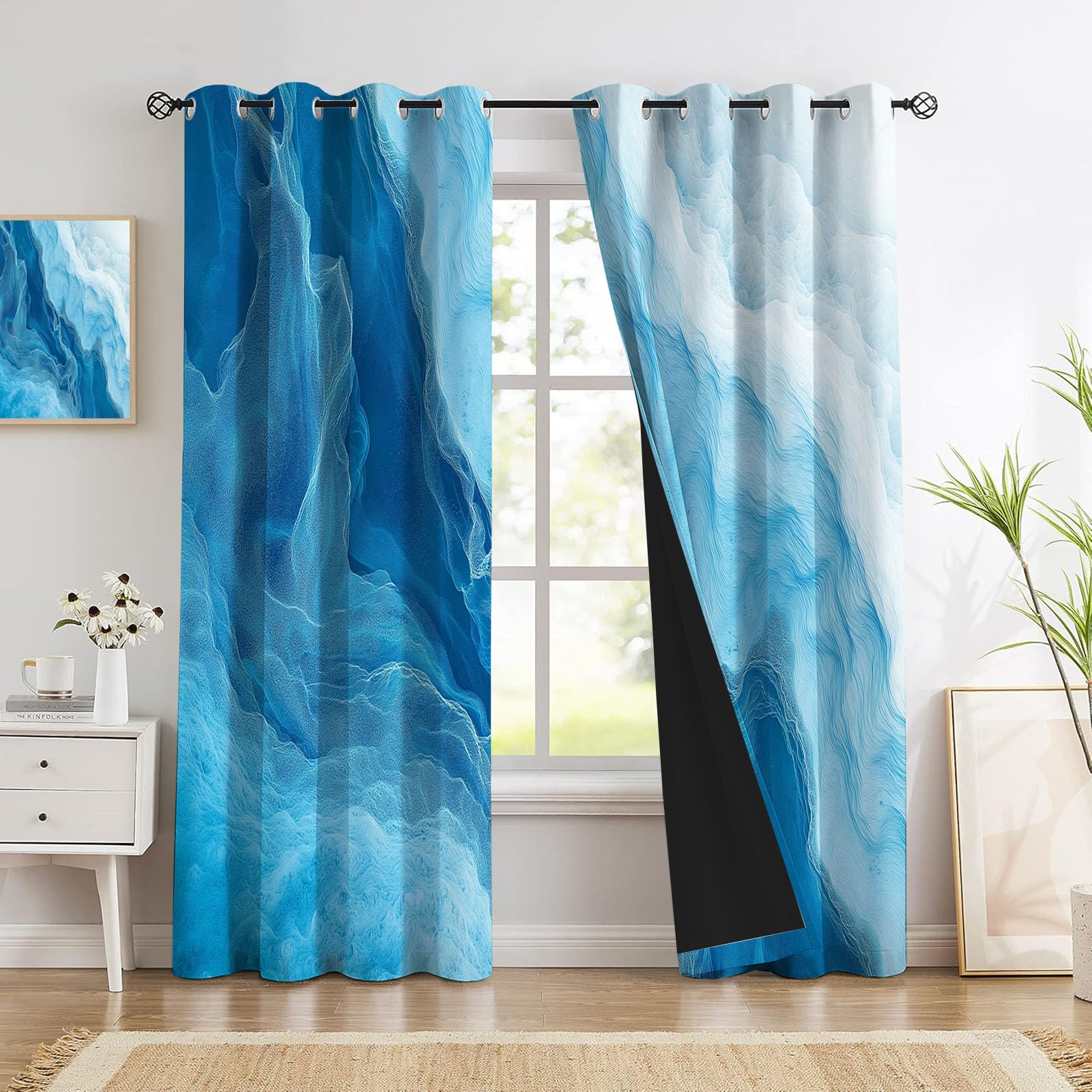 Estilo Tinta Fluida Cortinas Opacas De Ondas Abstractas Salon Dormitorio Decoración De La Ventana, 2 Piezas Cortinas Ollaos Azul Cielo, Aislantes Frio Y Calo 140An X 245Al Cm