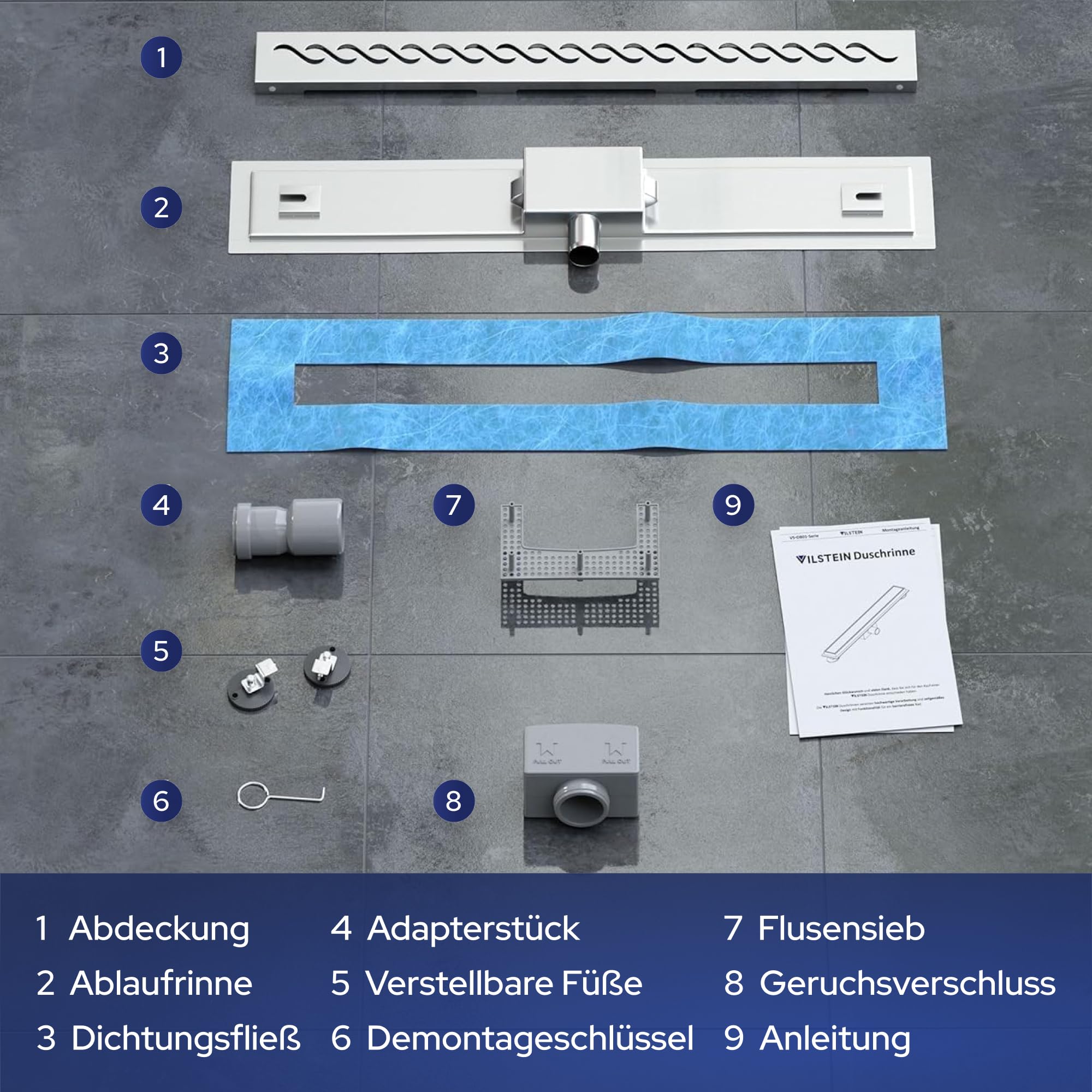 VILSTEIN Duschrinne 130cm, Edelstahl Bodenablauf Komplettset, extra flach, Siphon mit Geruchsstop, Haarsieb - Griechisch