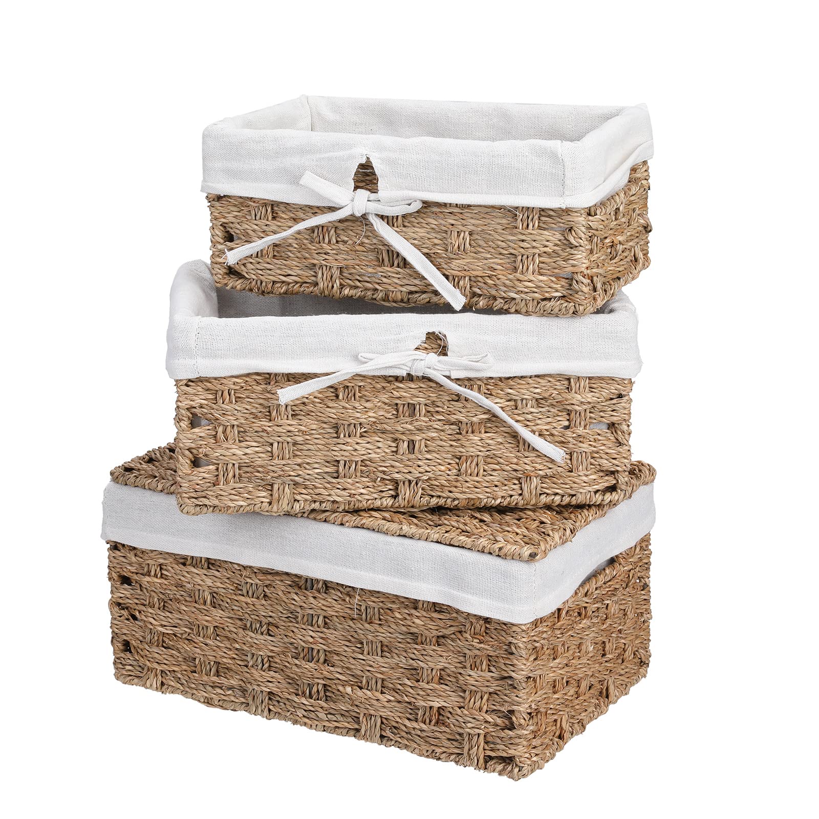 HOCOSY Handmade Woven Storage Baskets Set, 3 PCS Straw Ropes Storage Basket with Hollow Handle,Cubes Storage with Lid&Removable Liner -Organization Baskets for Living Room Bedroom Bathroom Shelves