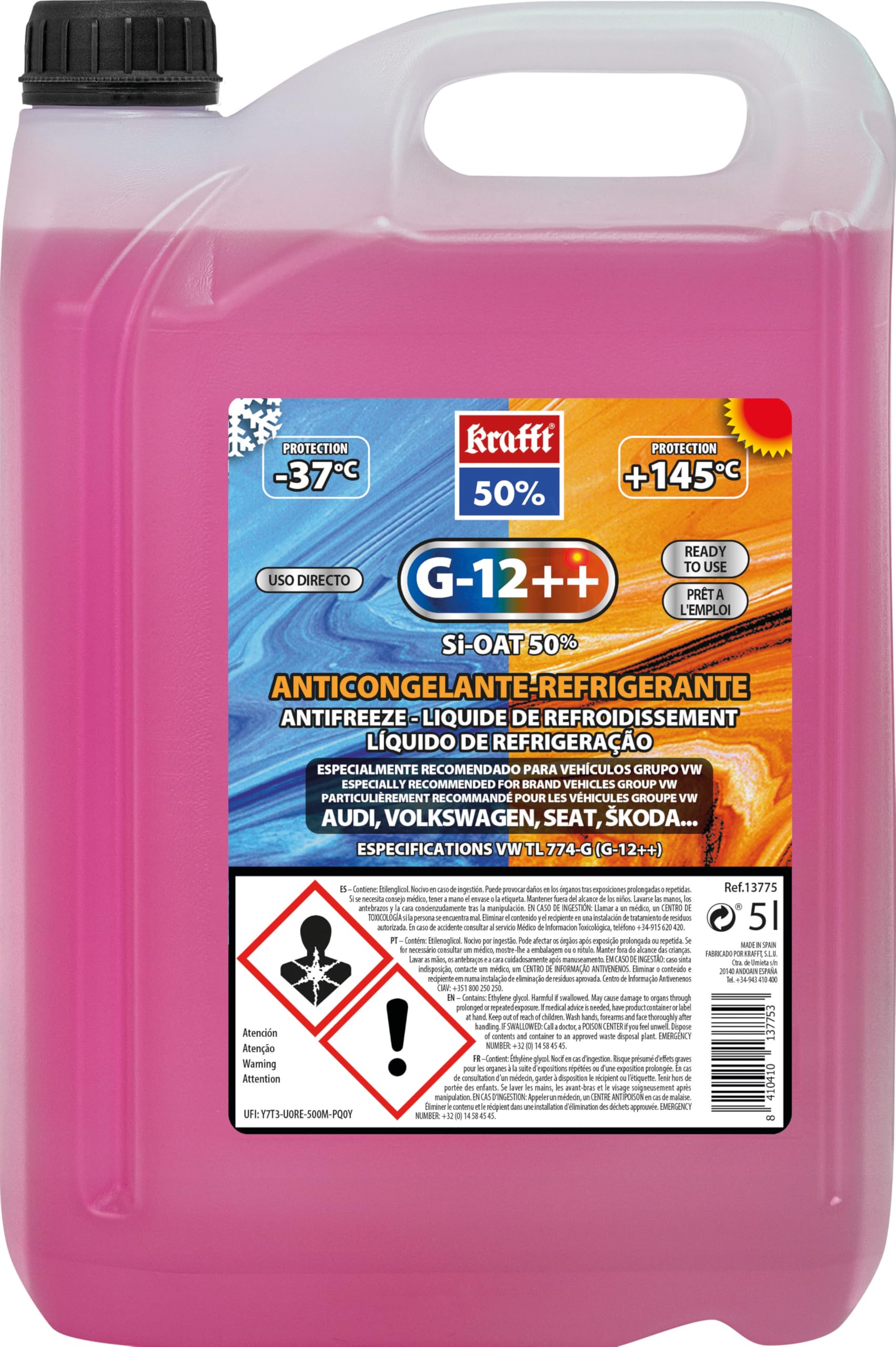 Krafft Anticongelante Coche Rosa G12++ Líquido Refrigerante Tecnología Híbrida 5 L