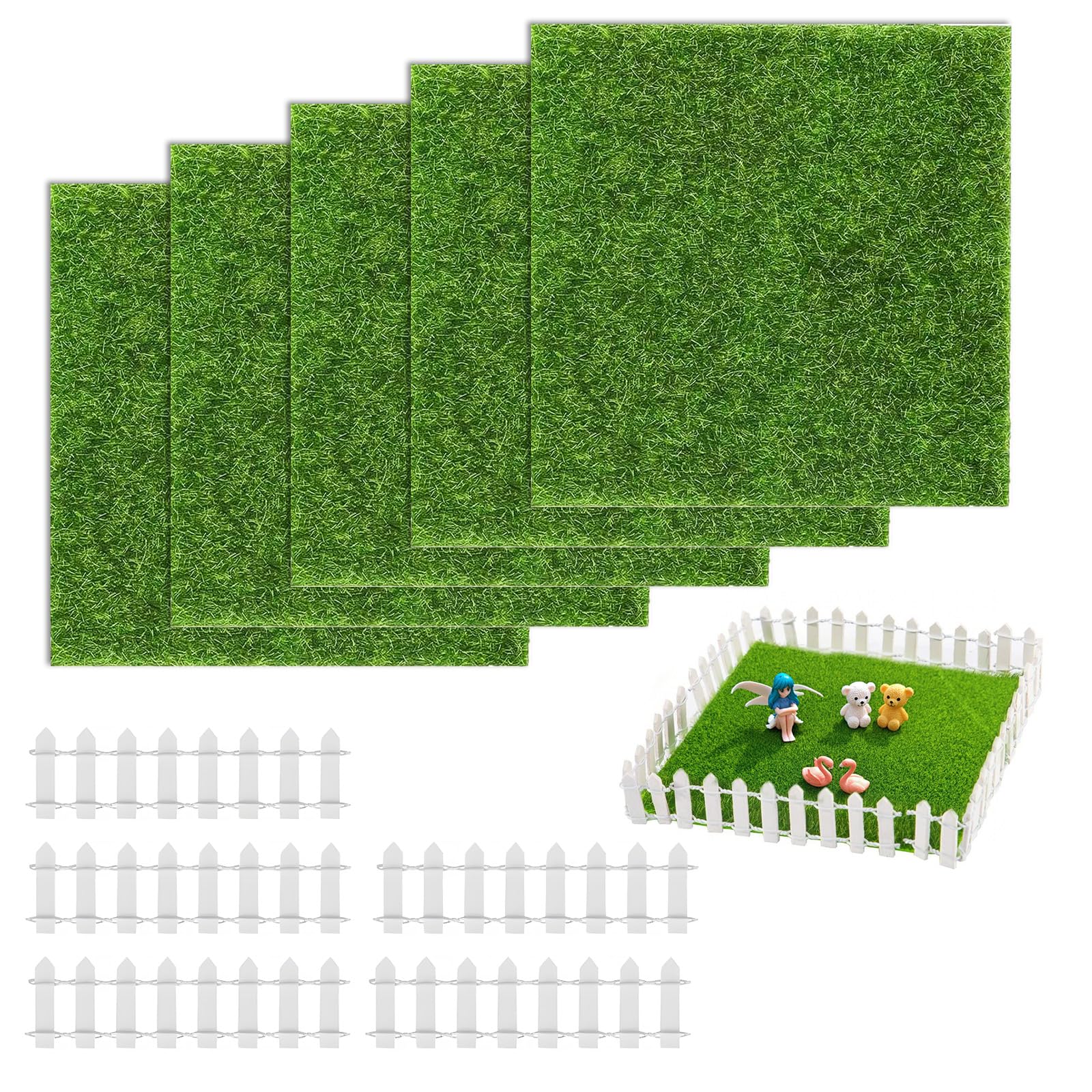 Cowaniee Green 5 Pcs Artificial Grass, 15×15Cm Miniature Craft Fake Grass, Imitation Astro Turf