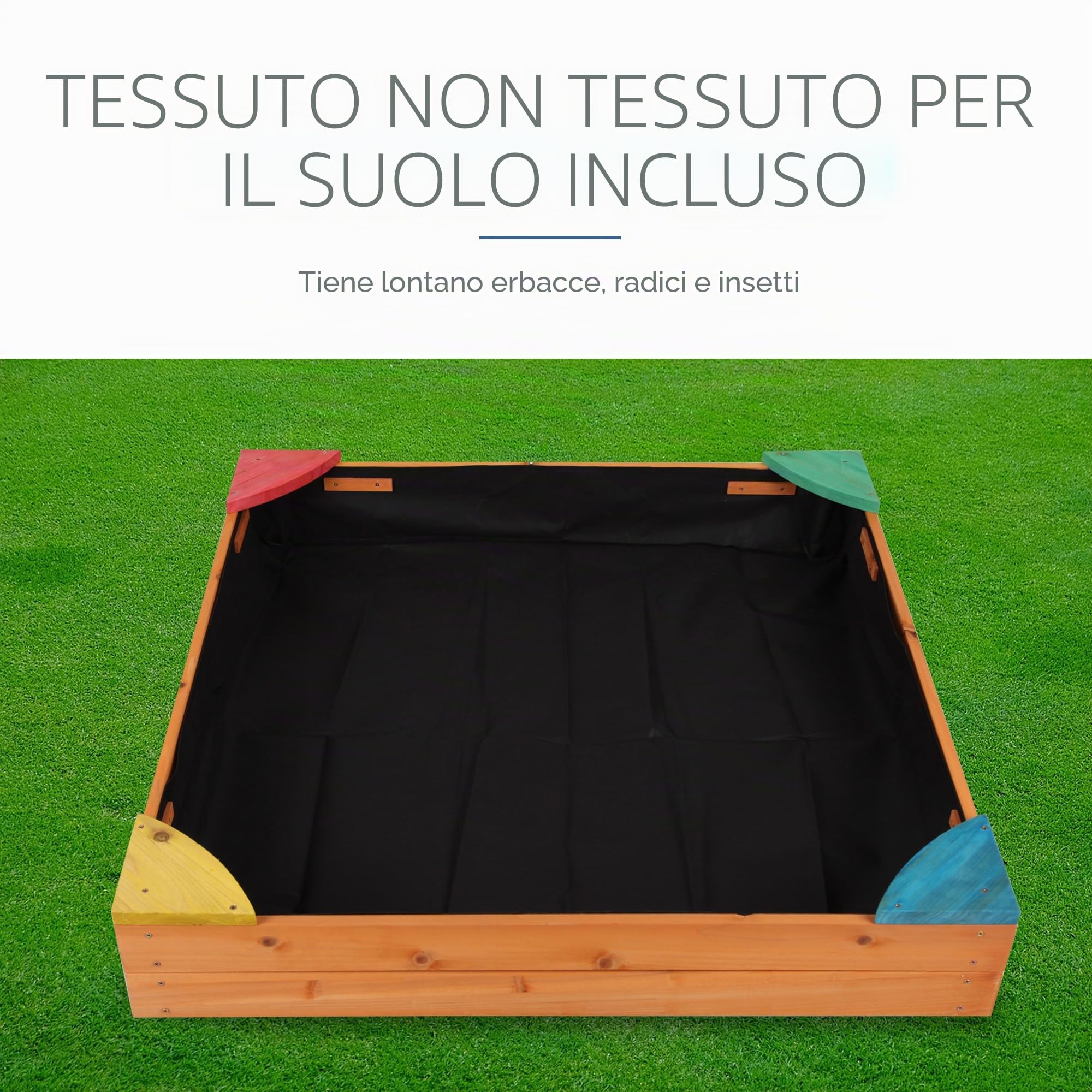 Bestlivings Sabbiera con copertura 90 x 90 x 16 cm, sandbox in legno con telone contro erbacce e coleotteri, cassetta con angoli colorati per il giardino