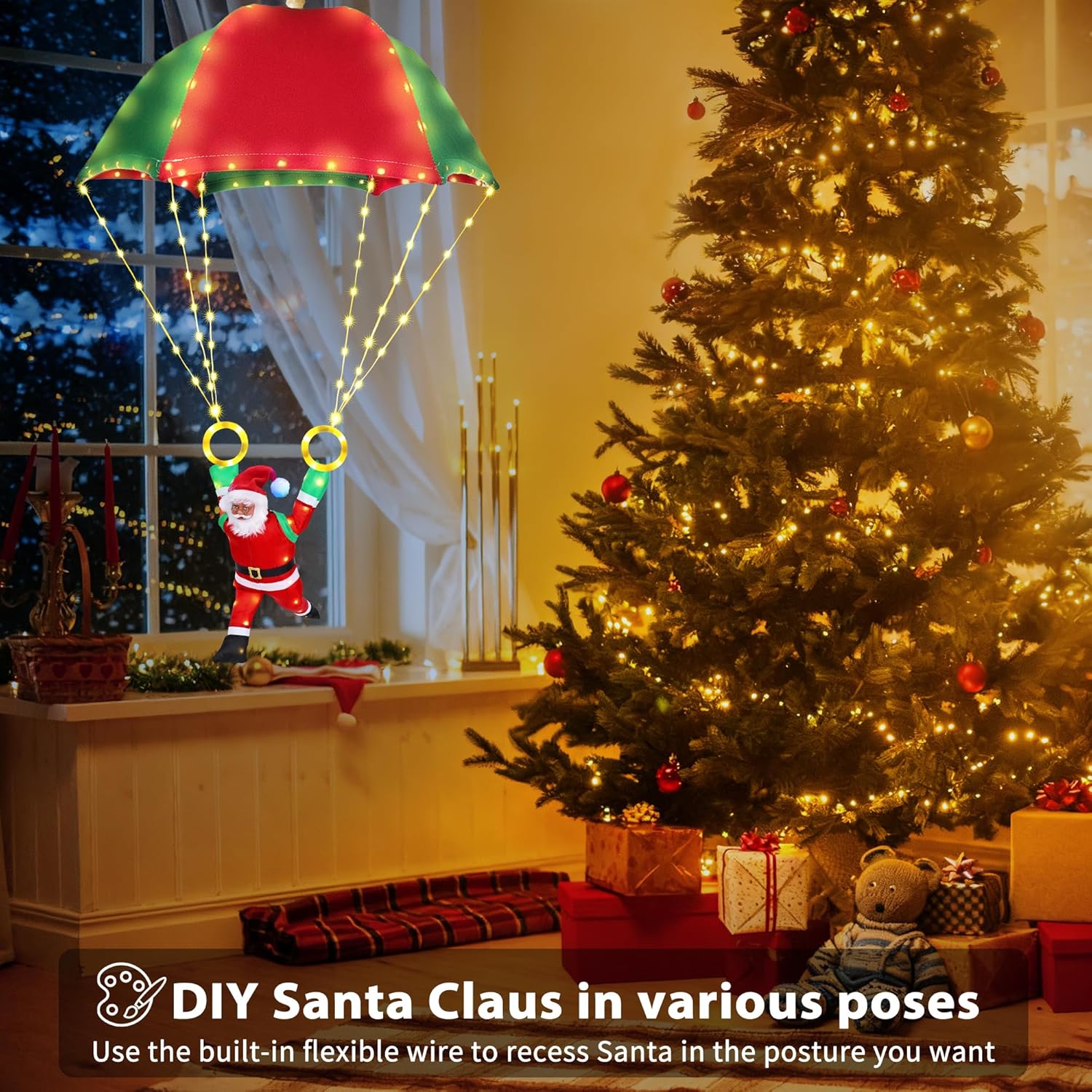 Toodour LED Christmas Lights, 2.8ft x 1.8ft Foldable Parachute Lights with Santa Claus, 8 Mode, Remote, Waterproof Battery Powered Warm White Holiday Decorative Light for Indoor Outdoor Xmas Decor