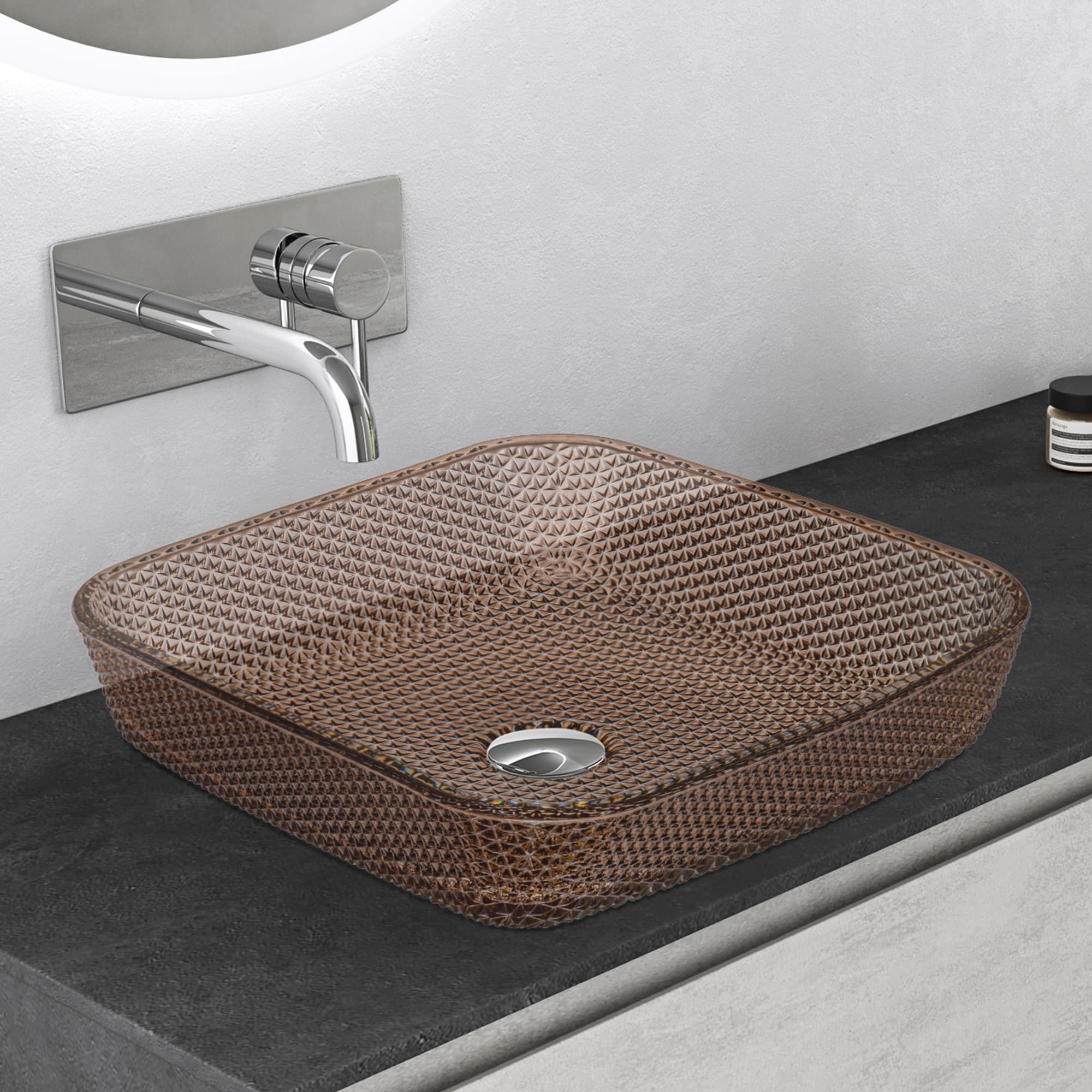 Mai & Mai Lavabo da Appoggio in Vetro 40x40x11cm Caffè, Minerva03 | Vetro Temperato, Lavandino Bagno da Appoggio Rettangolare, Stampaggio Monopezzo, Bordi Sottili, Facile da Pulire