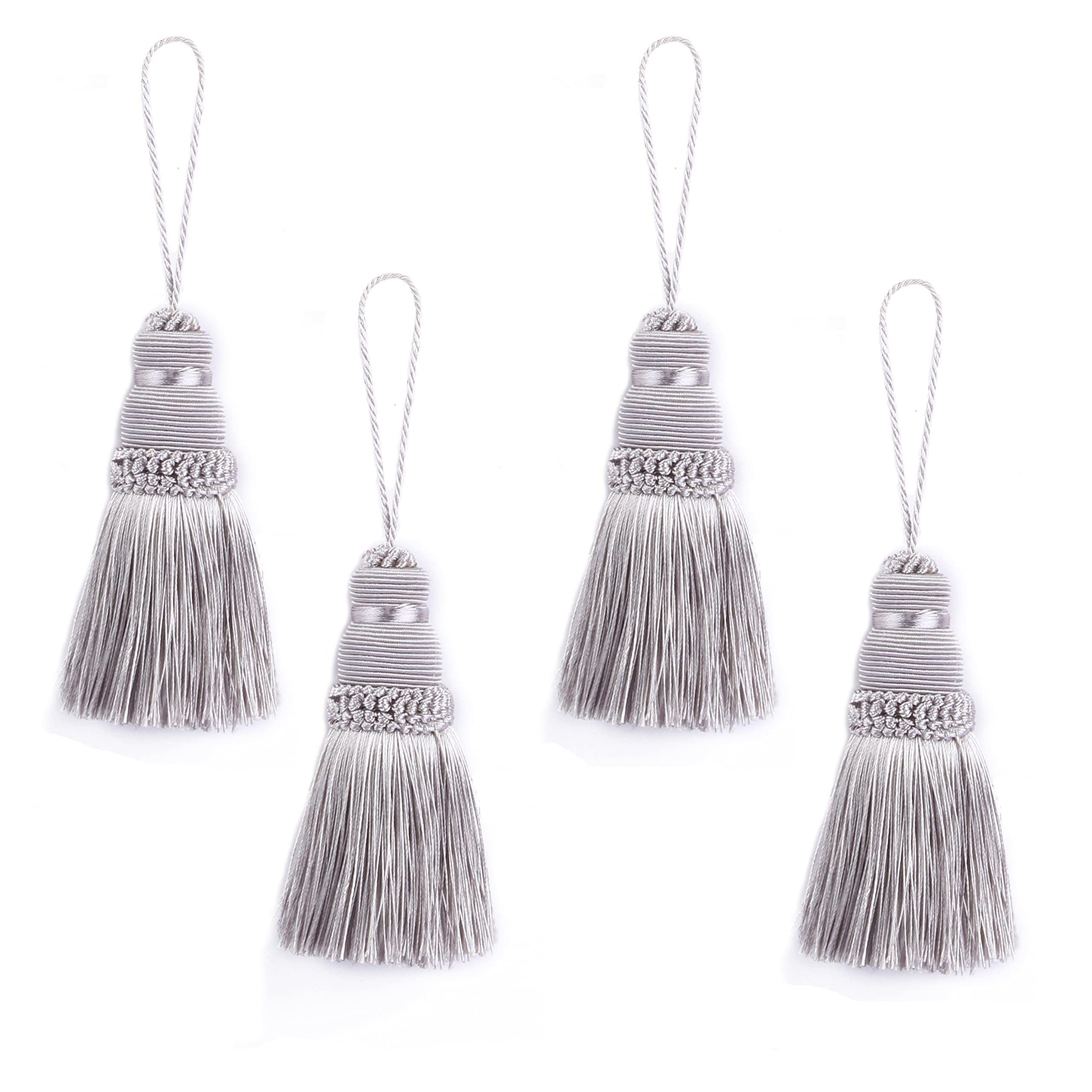 BEL AVENIR4Pcs Tassels Key Tassel with Loops Handmade Craft Charms DIY Accessories Elegant Soft Making Curtain Home Decoration (Silver, 4 pcs)