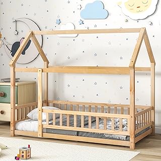 Twin Size Wooden Floor Bed,House Bed Frame with House Roof,Fence Guardrails and an Opening,Montessori Bed for Children Girls and Boys,Natural