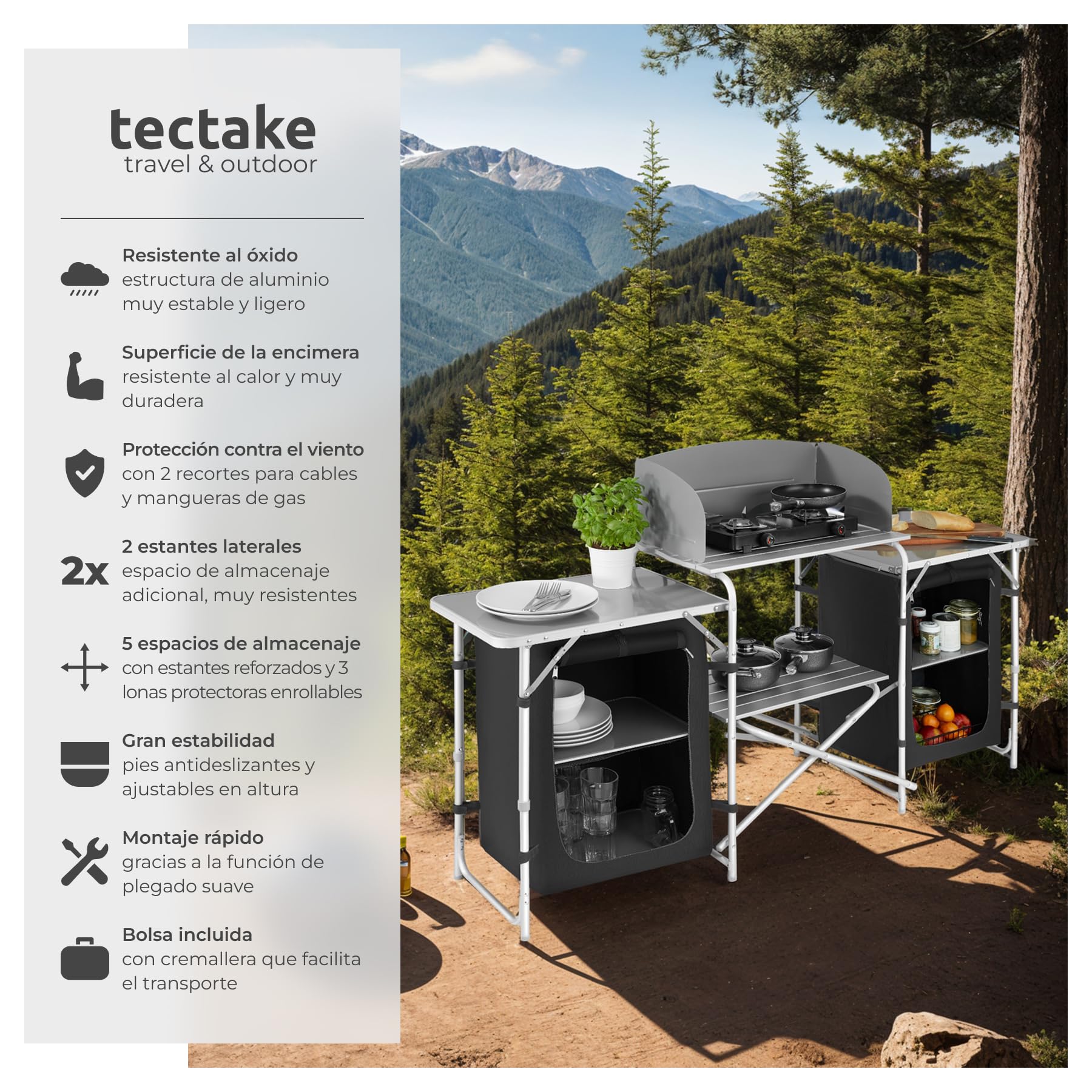 TecTake® Cocina de Camping Plegable Ligera con Bolsa de Transporte, Mesa y Armario de Cocina - Negro