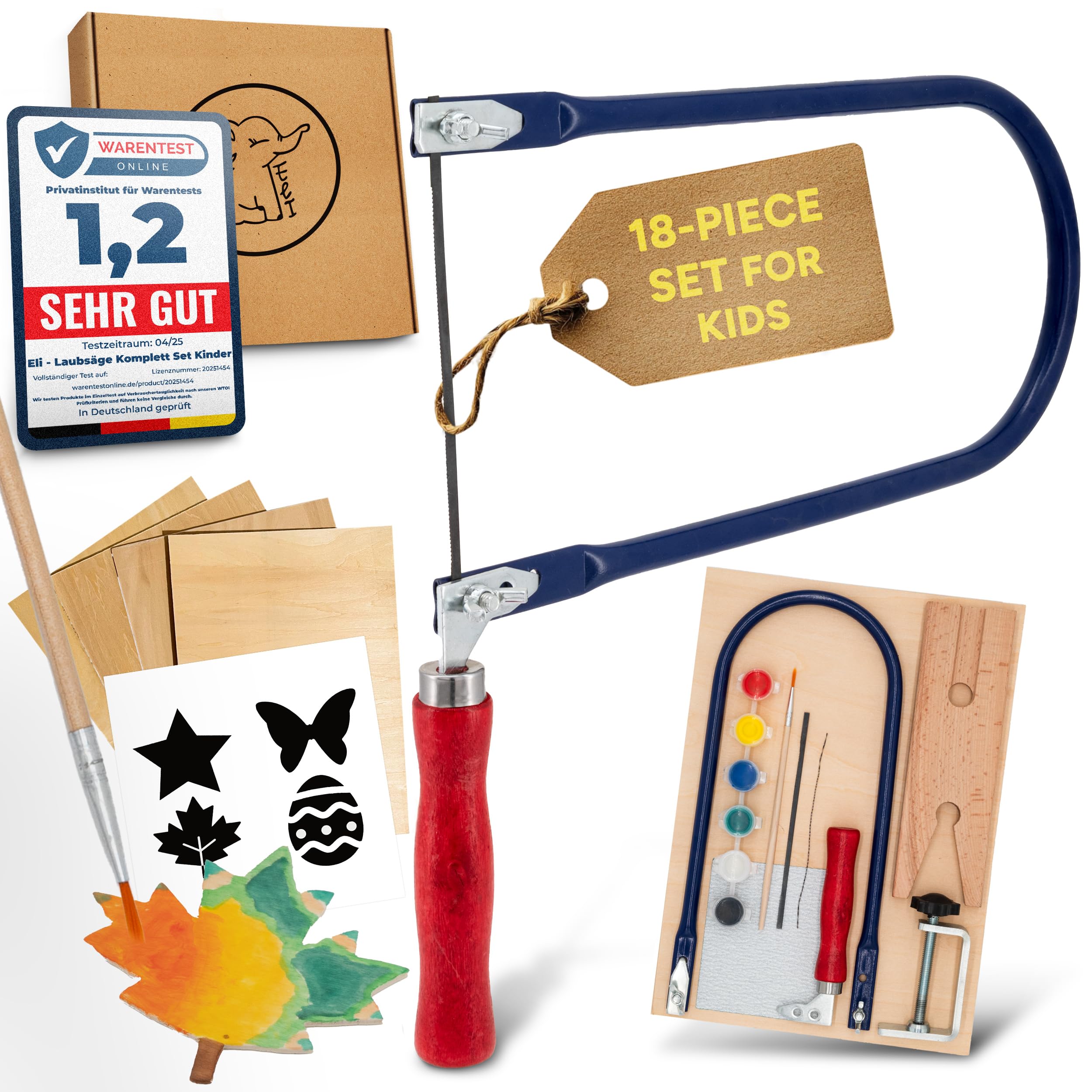 Eli® Sega da figura per bambini - Set completo per seghe figurative inclusi modelli creativi - Lastre figurative - Colori - Pennello - Carta abrasiva - Legno - Idea regalo per ragazzi e ragazze