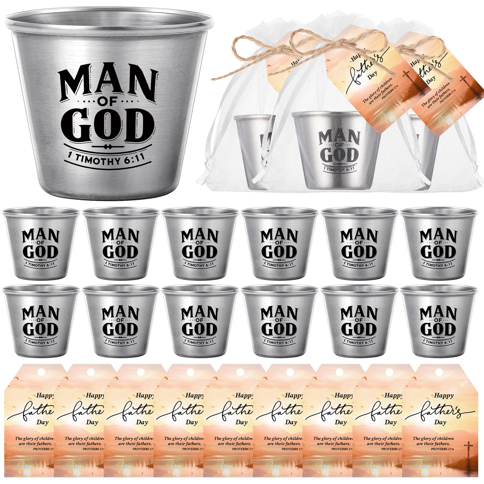 Honeydak 15 Sets Man of God Christian Gifts Steel Shot Cups Set 1.5 oz Man of God Shot Cups with Cards Gift Bags and Rope for Men Church Pastors