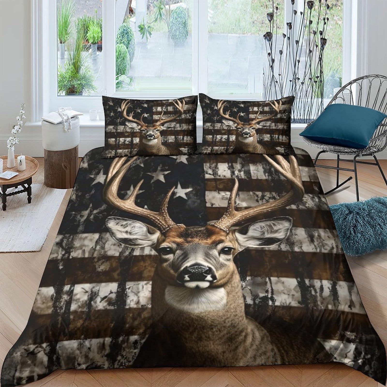 Ctjqhvkz Style-1 3D Printed Forest Deer Fitted Sheet Microfiber Soft Breathable American Flag Bed Cover For Bedroom Guest Room Decor Single（135X200cm）
